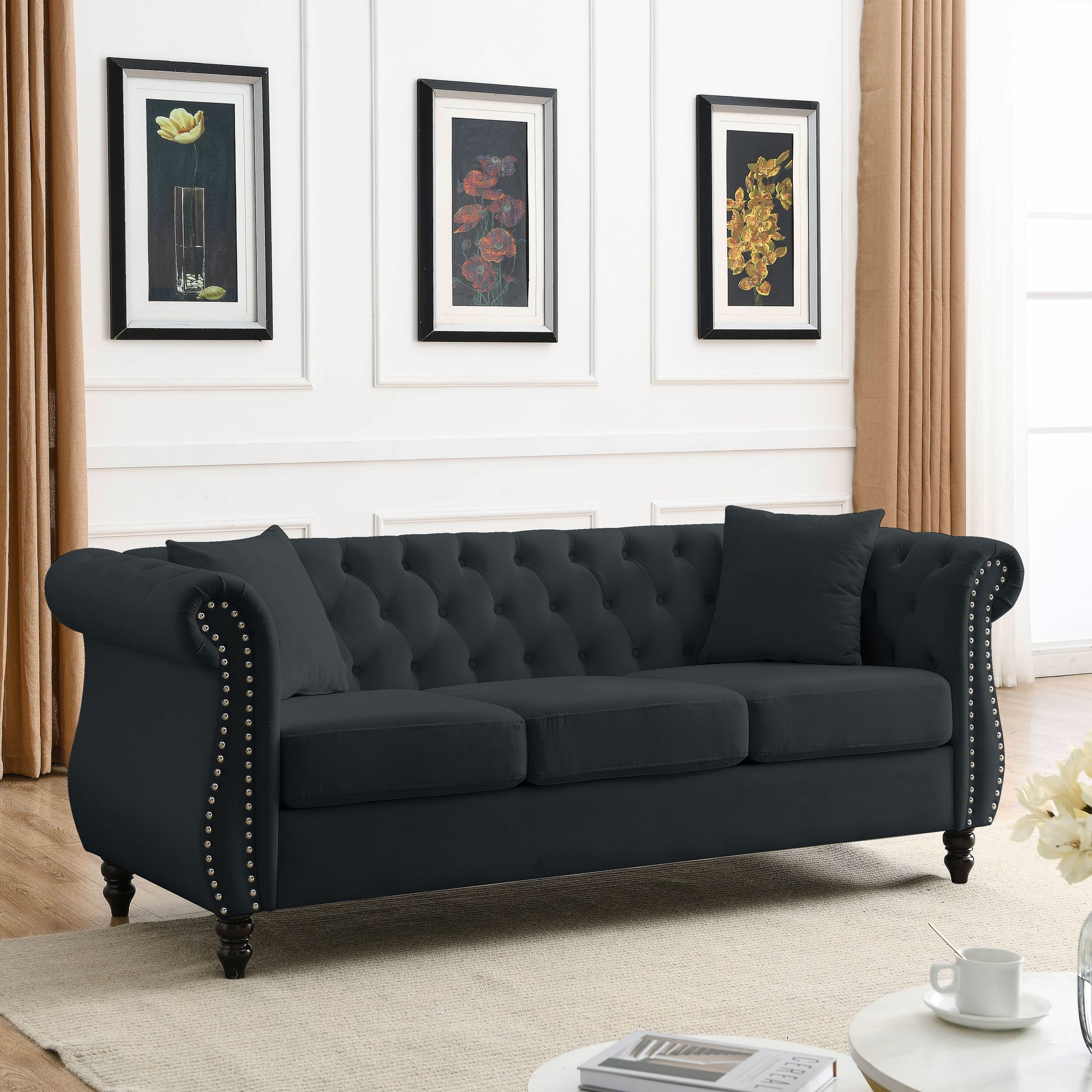 Video 80" Chesterfield Sofa Black Velvet For Living Room, 3 Seater Sofa Tufted Couch With Rolled Arms And For Living Room, Bedroom, Office, Apartment, 3S With 3S Black Foam Velvet