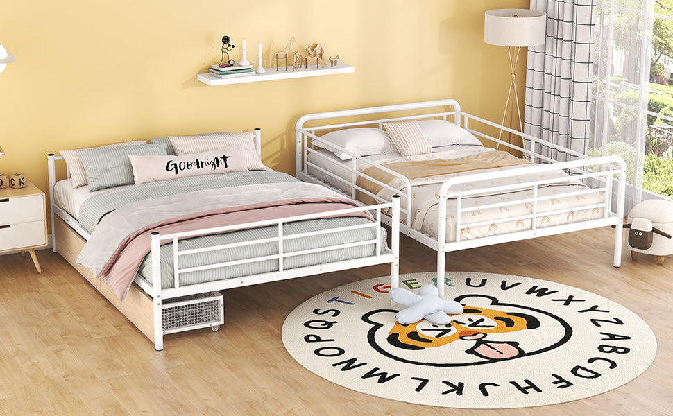 Full Xl Over Queen Metal Bunk Bed With 2 Drawers, White White Iron