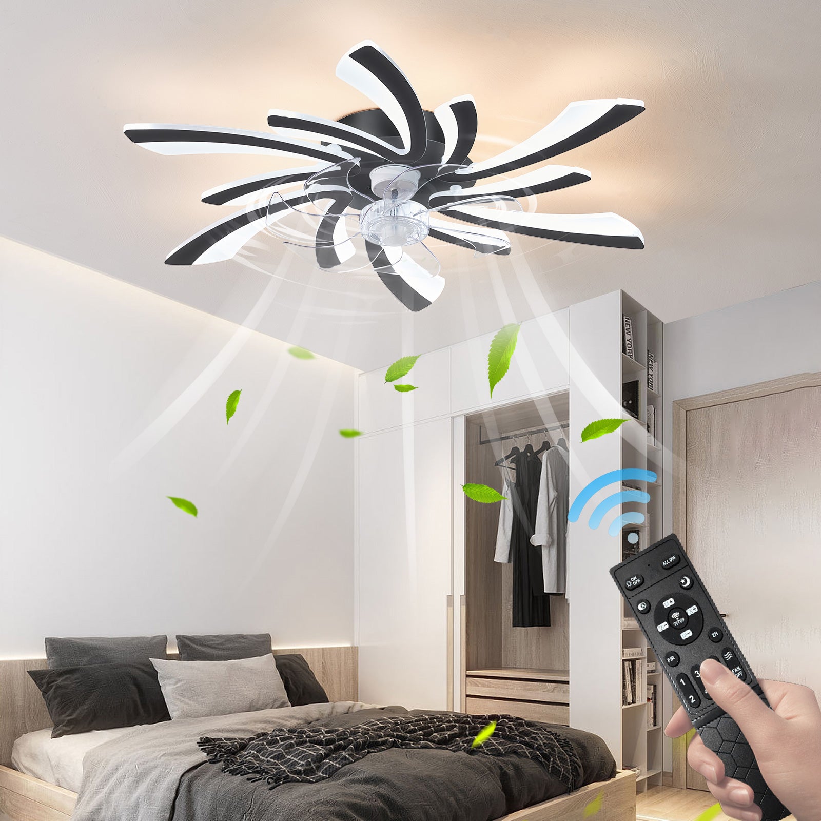 30.7In Ceiling Fan With Lights, Remote Control 3 Color Temperatures,6 Gear Wind Speed Fan Light Black Modern Acrylic