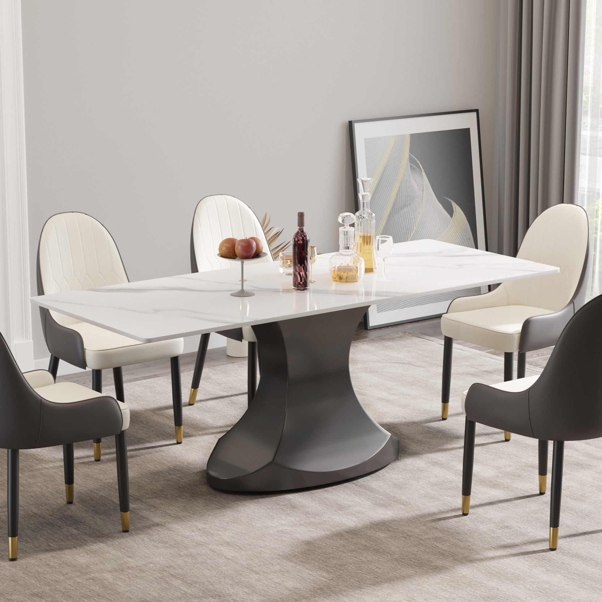 78.74 "Modern Artificial Stone White Panel Gray Stainless Steel Curved Legs Can Accommodate 8 People White Gray Dining Room Metal Sintered Stone
