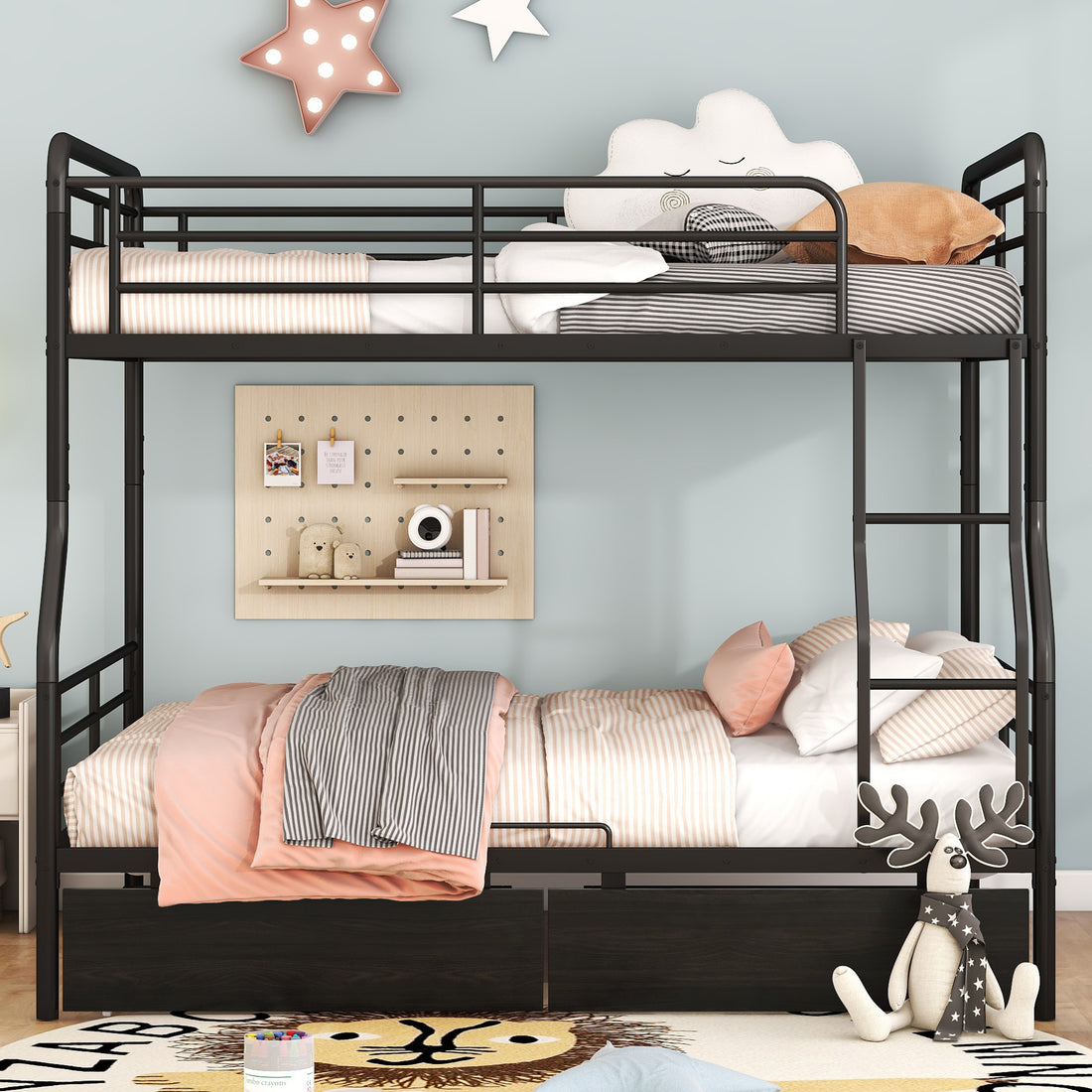 Full Xl Over Queen Metal Bunk Bed With 2 Drawers, Black Black Iron