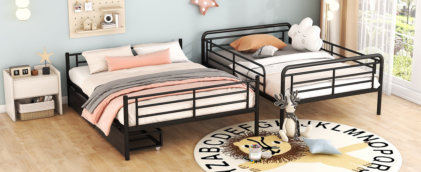 Full Xl Over Queen Metal Bunk Bed With 2 Drawers, Black Black Iron