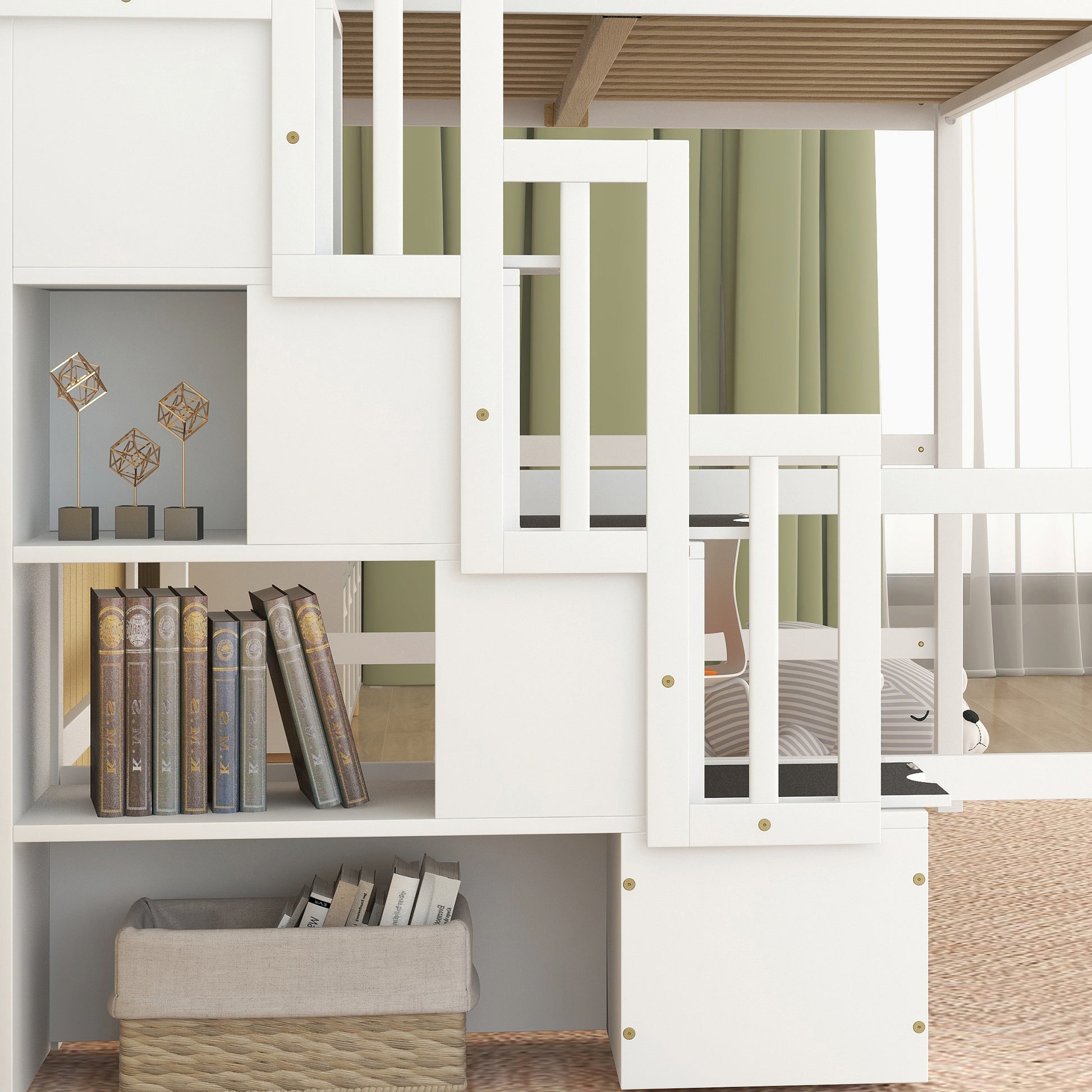 Full Size Loft Bed With Built In Desk, Bookshelves And Storage Staircase,White Full White American Design Pine