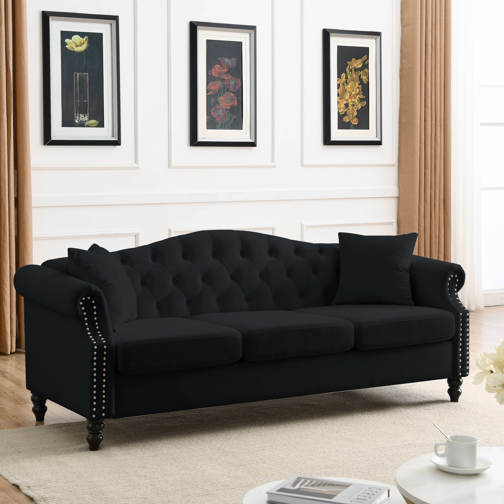 Video 79" Chesterfield Sofa Black Velvet For Living Room, 3 Seater Sofa Tufted Couch With Rolled Arms And For Living Room, Bedroom, Office, Apartment, 3S 2S Black Velvet