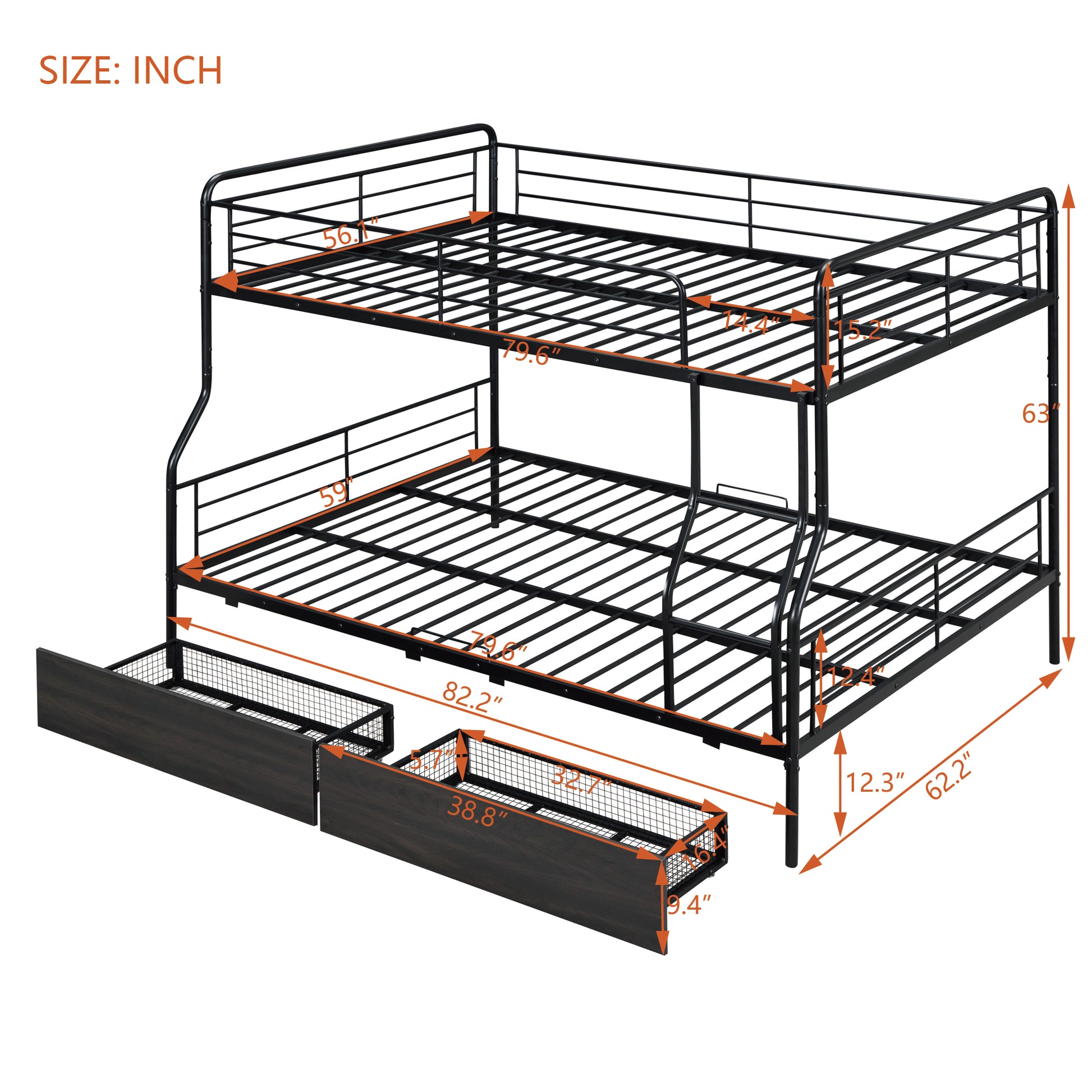 Full Xl Over Queen Metal Bunk Bed With 2 Drawers, Black Black Iron