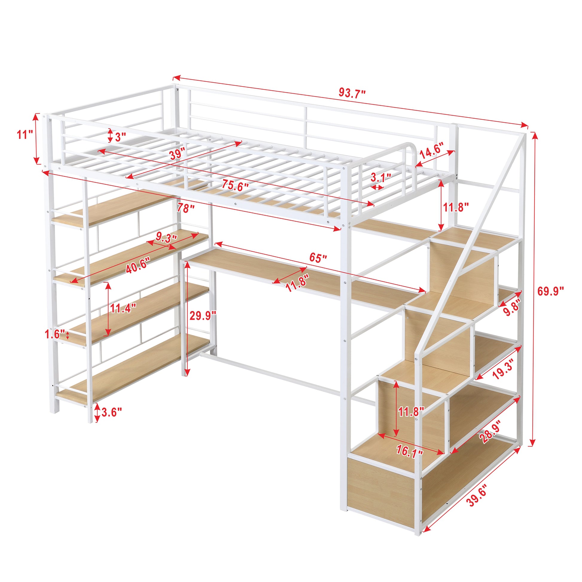 Twin Size Metal Loft Bed With Staircase, Built In Desk And Storage Shelves, White Box Spring Not Required Twin White Metal Bedroom Mdf Metal