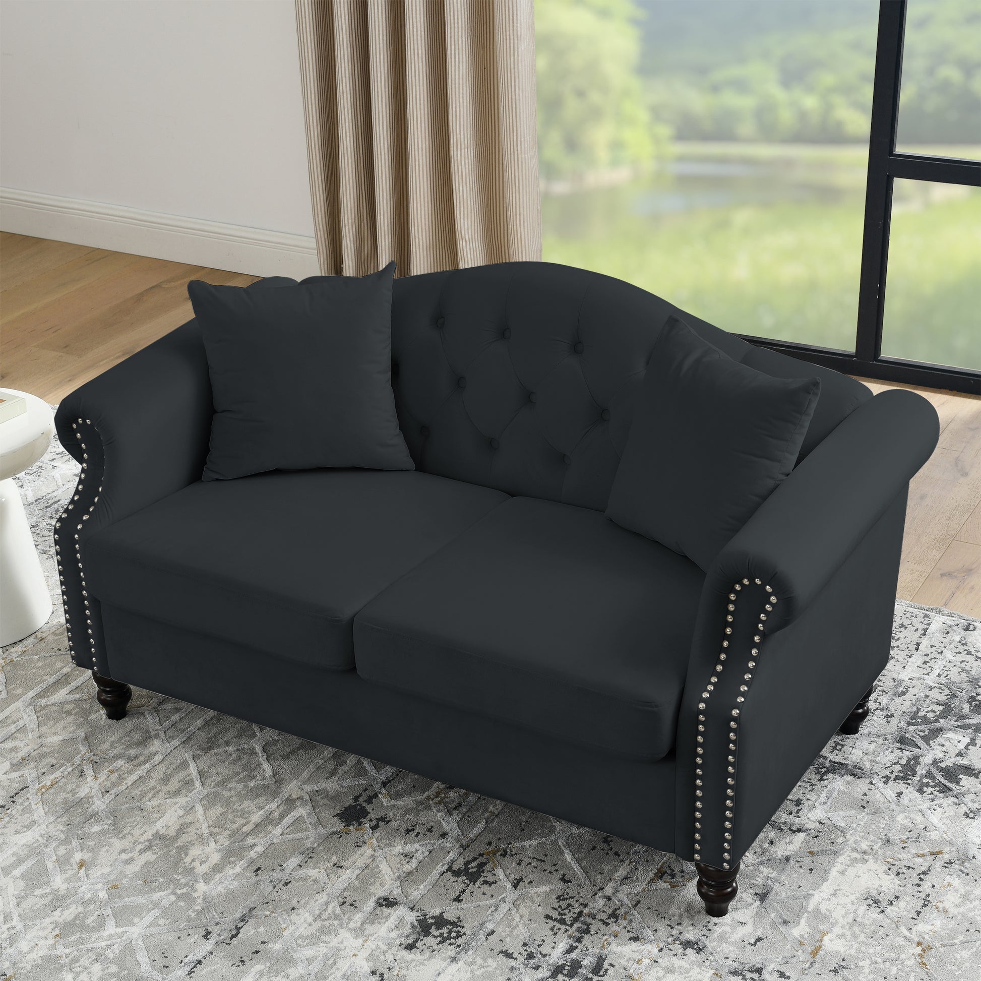 57" Chesterfield Sofa Black Velvet For Living Room, 2 Seater Sofa Tufted Couch With Rolled Arms And For Living Room, Bedroom, Office, Apartment, Two Pillows Black Foam Velvet