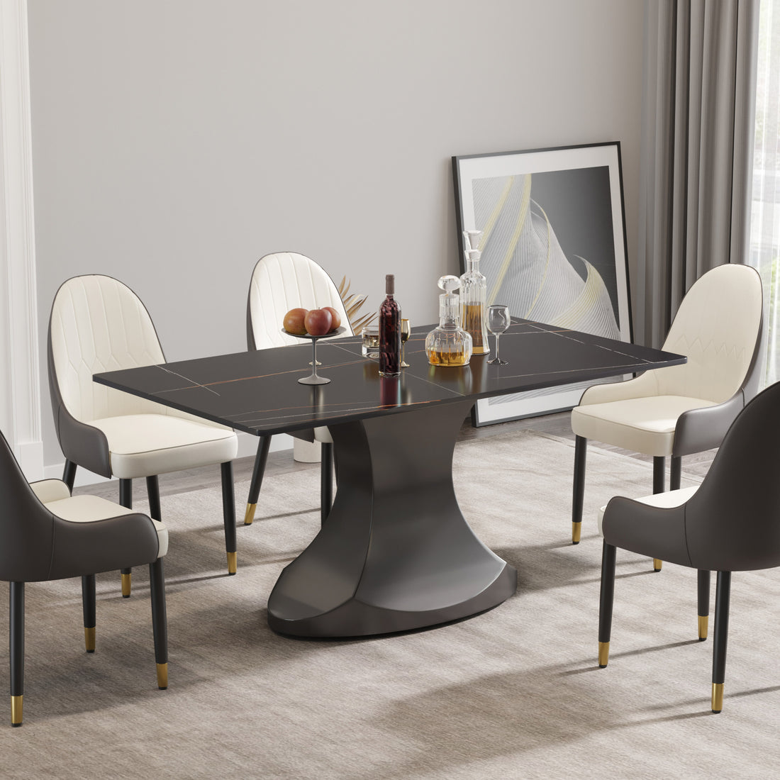 63 "Modern Artificial Stone Black Panel Gray Stainless Steel Curved Legs Can Accommodate 6 8 People Black Dining Room Metal Sintered Stone