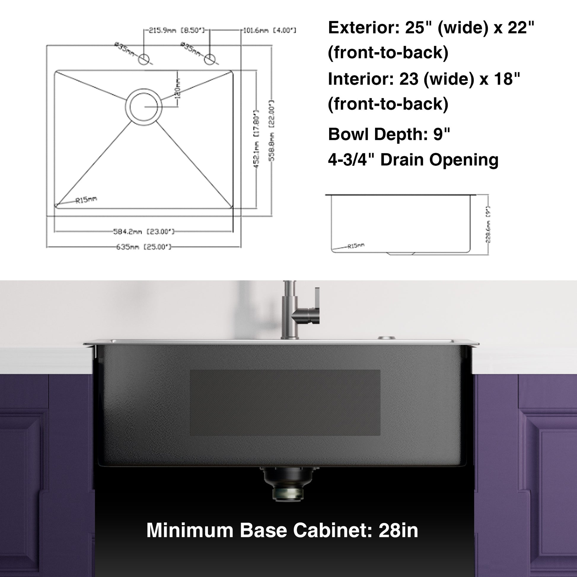 25X22Inch Gunmetal Black Topmount 304 Stainless Steel 18 Gauge Kitchen Sink Gunmetal Black Stainless Steel