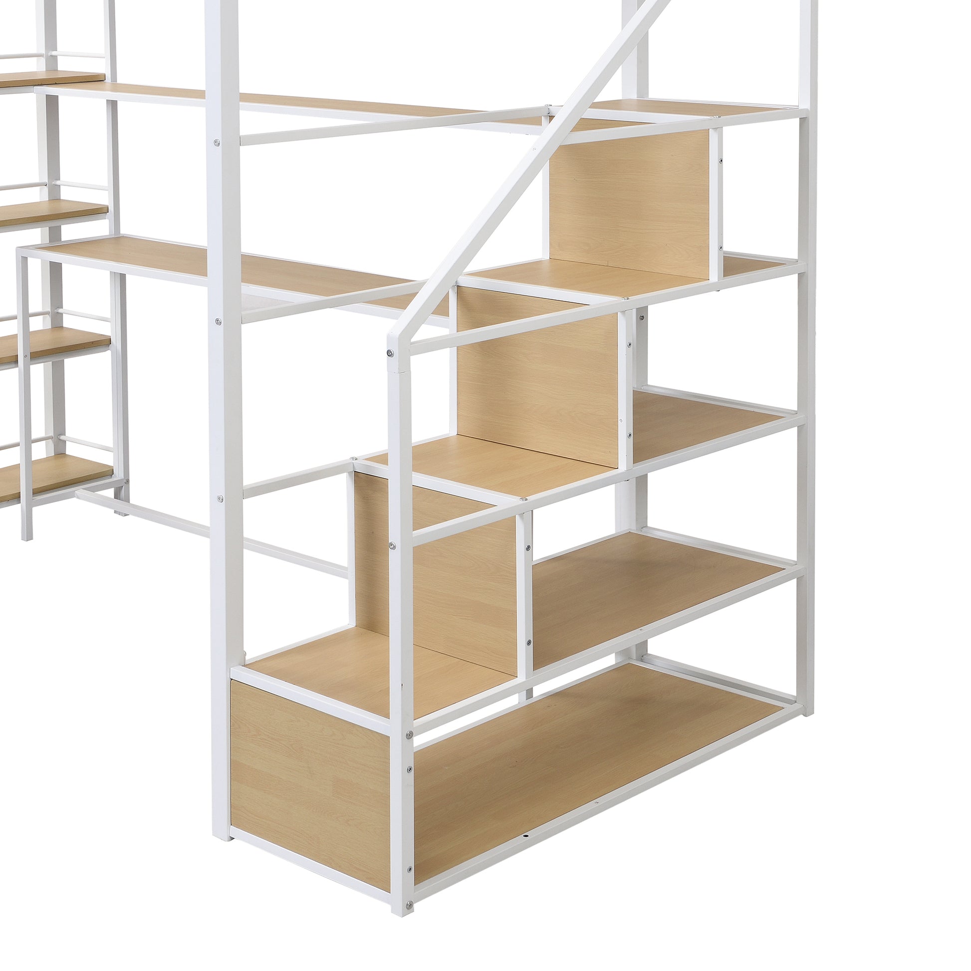 Twin Size Metal Loft Bed With Staircase, Built In Desk And Storage Shelves, White Box Spring Not Required Twin White Metal Bedroom Mdf Metal