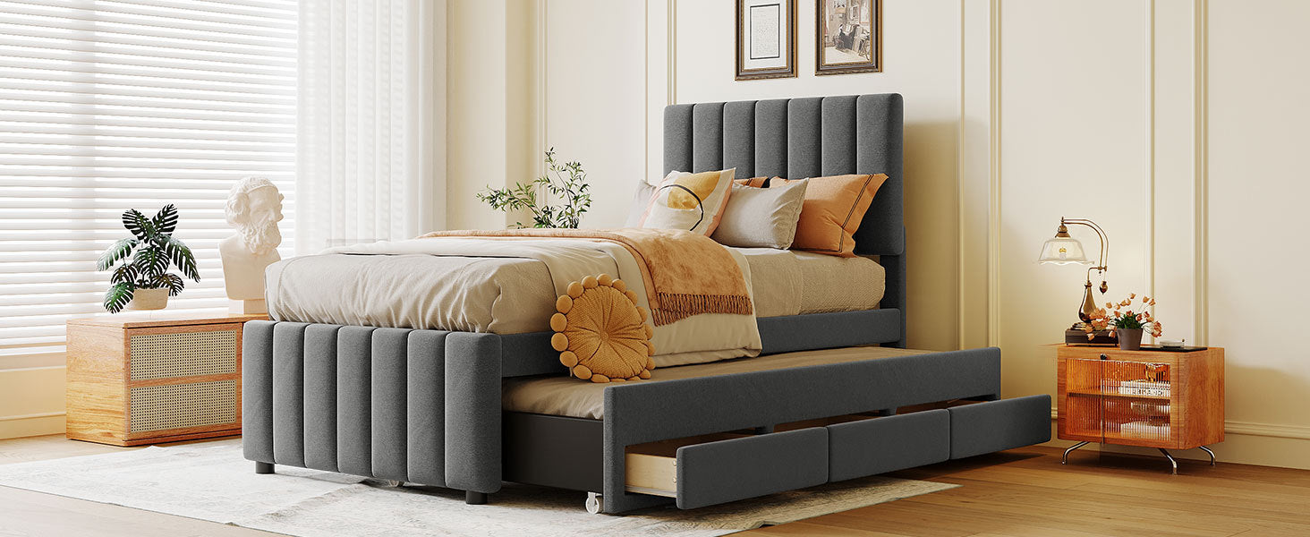 Twin Size Upholstered Platform Bed With Trundle And 3 Drawers, Linen Fabric, Gray Gray Linen