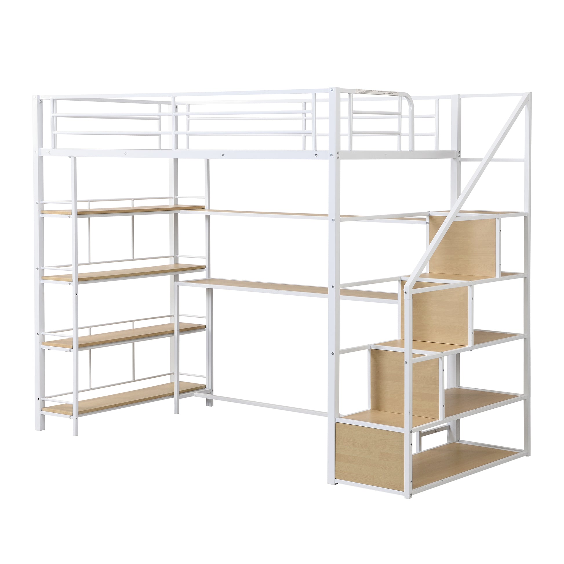 Twin Size Metal Loft Bed With Staircase, Built In Desk And Storage Shelves, White Box Spring Not Required Twin White Metal Bedroom Mdf Metal