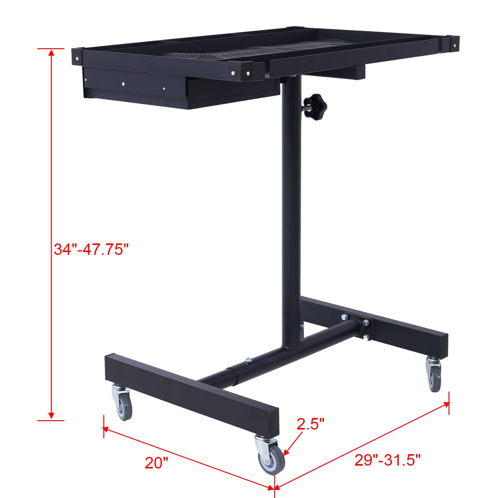 Adjustable Tear Down Work Table With Drawer For Garages, Repair Shops, And Diy, Portable, 4 2.5" Swivel Casters, 220 Pound Capacity, Rubber Corners, Heavy Duty Steel,Black Black Metal