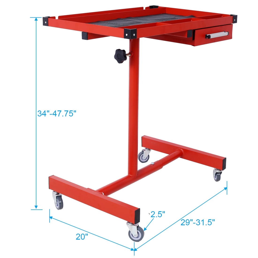 Adjustable Tear Down Work Table With Drawer For Garages, Repair Shops, And Diy, Portable, 4 2.5" Swivel Casters, 220 Pound Capacity, Rubber Corners, Heavy Duty Steel,Red Red Metal