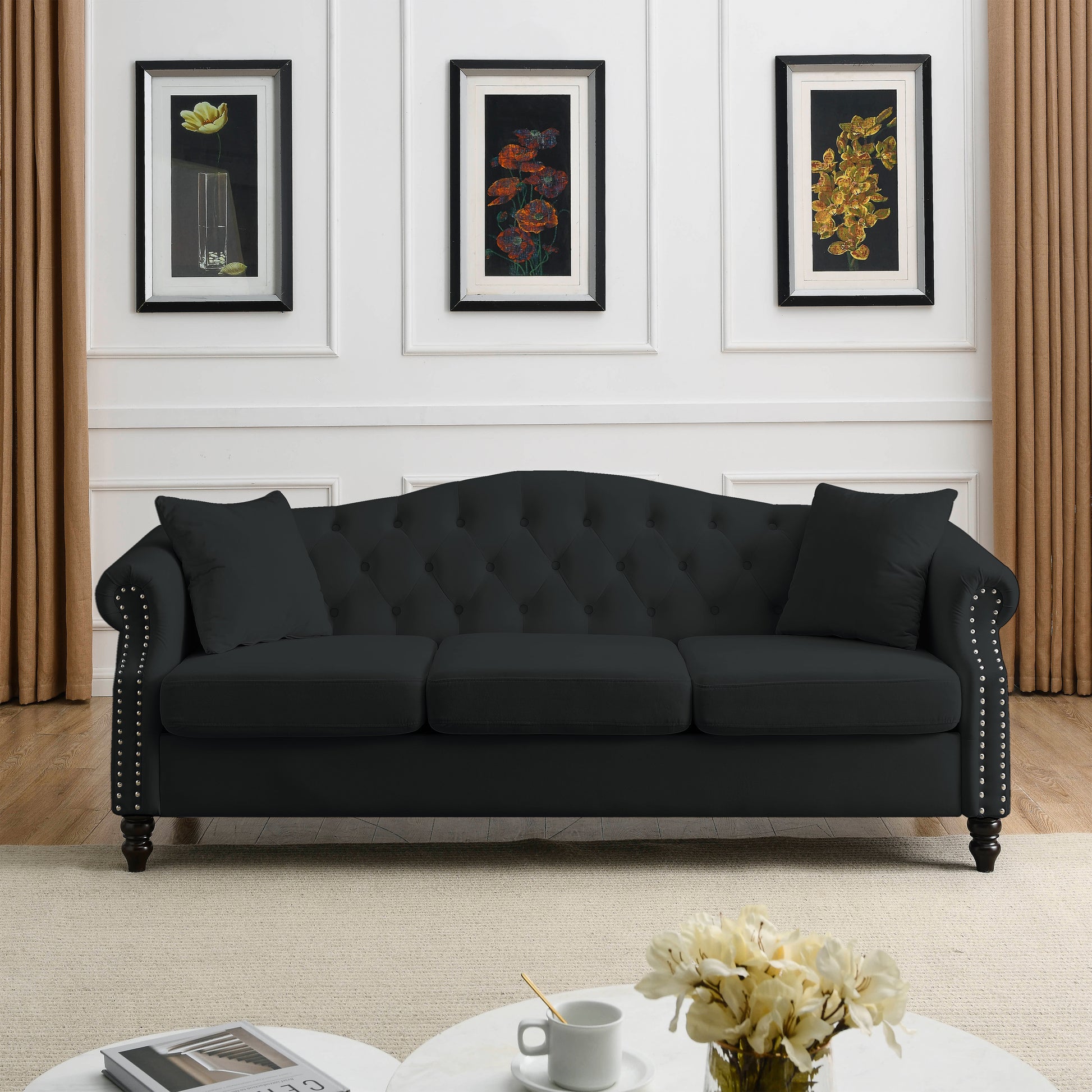 Video 79" Chesterfield Sofa Black Velvet For Living Room, 3 Seater Sofa Tufted Couch With Rolled Arms And For Living Room, Bedroom, Office, Apartment, 3S 2S Black Velvet