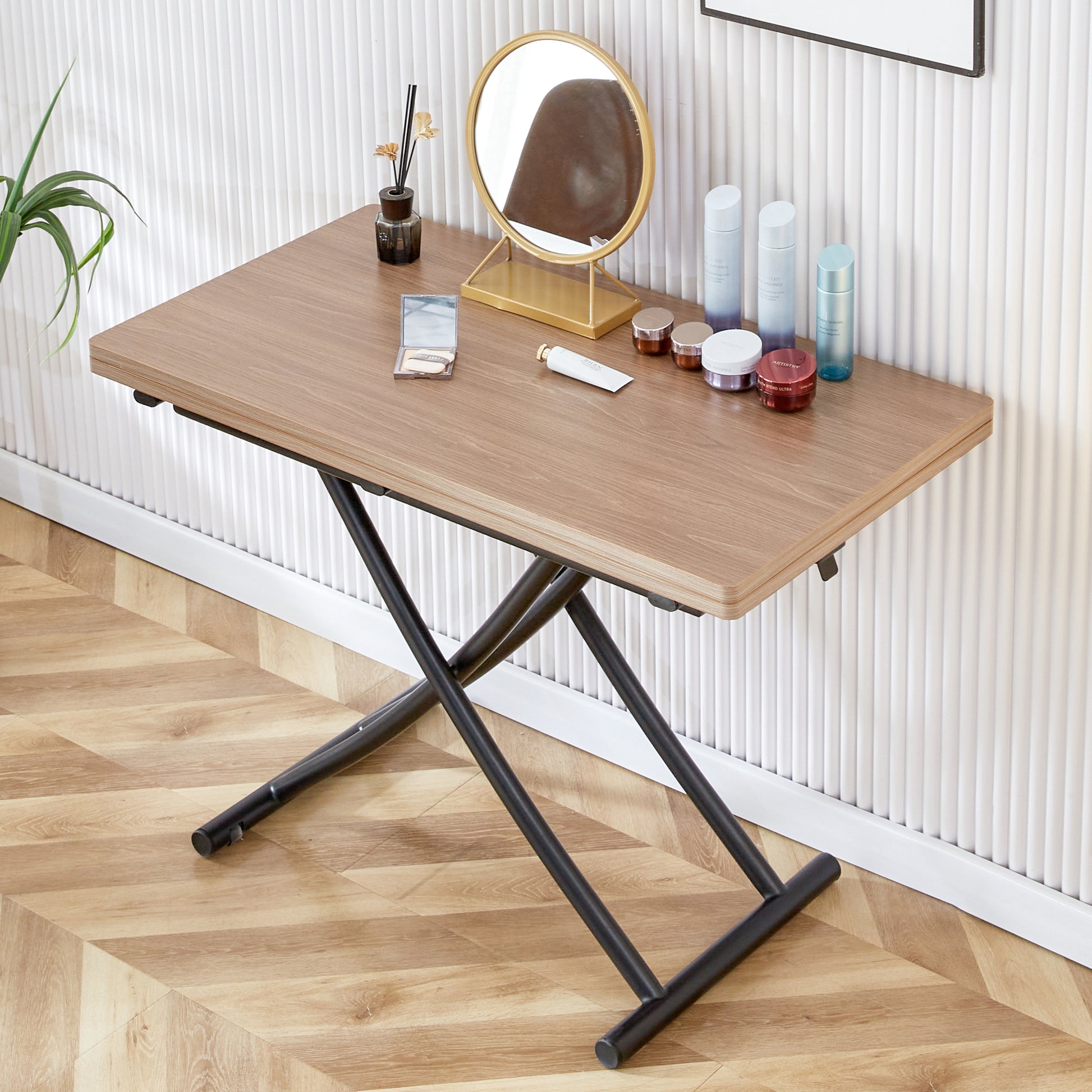 Modern Minimalist Multifunctional Lifting Table, With A 0.8 Inch Wood Grain Process Sticker Desktop And Black Metal Legs, Can Be Used As A Dressing Table, Coffee Table, Dining Table, And Office Table Natural Wood Wash Metal