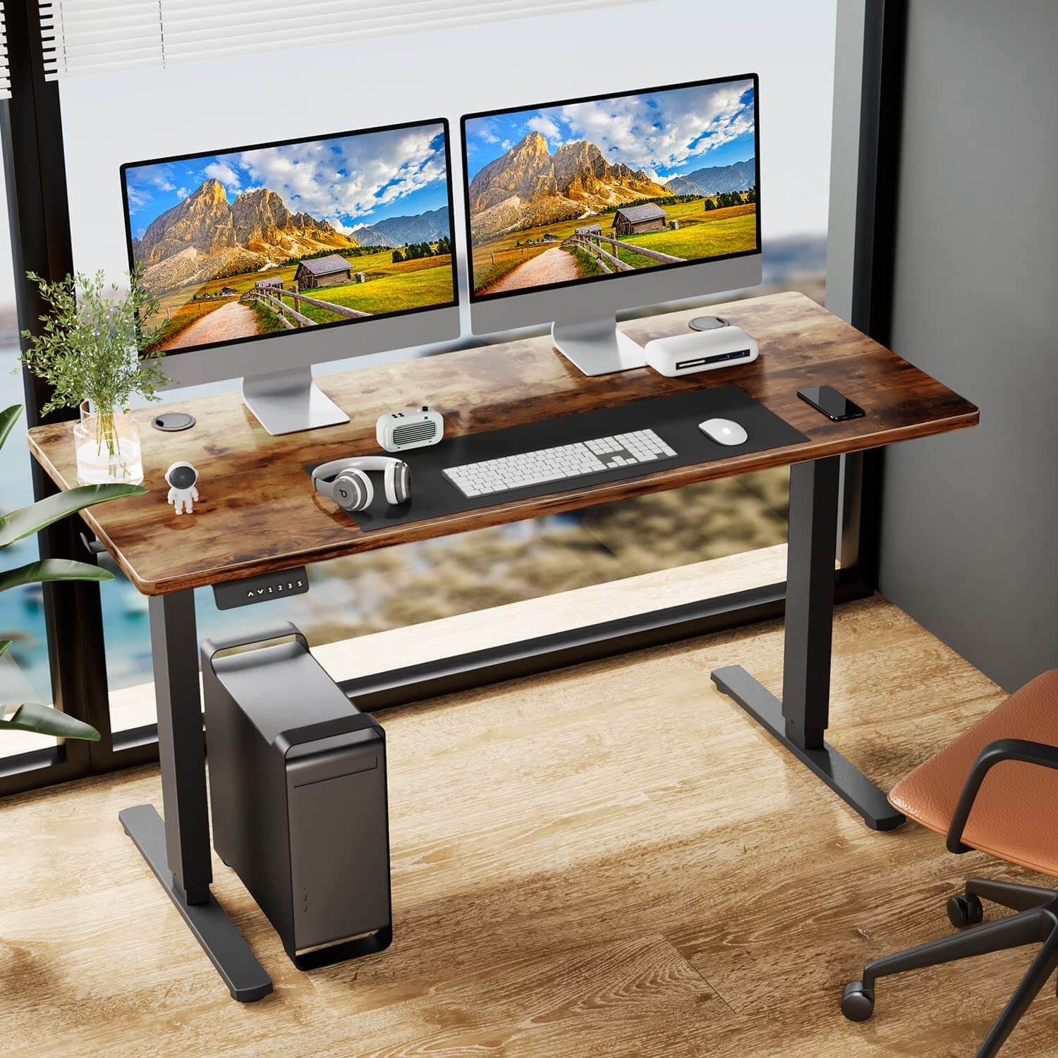 Electric Height Adjustable Standing Desk,Sit To Stand Ergonomic Computer Desk,Brown,40'' X 24" Brown Wood