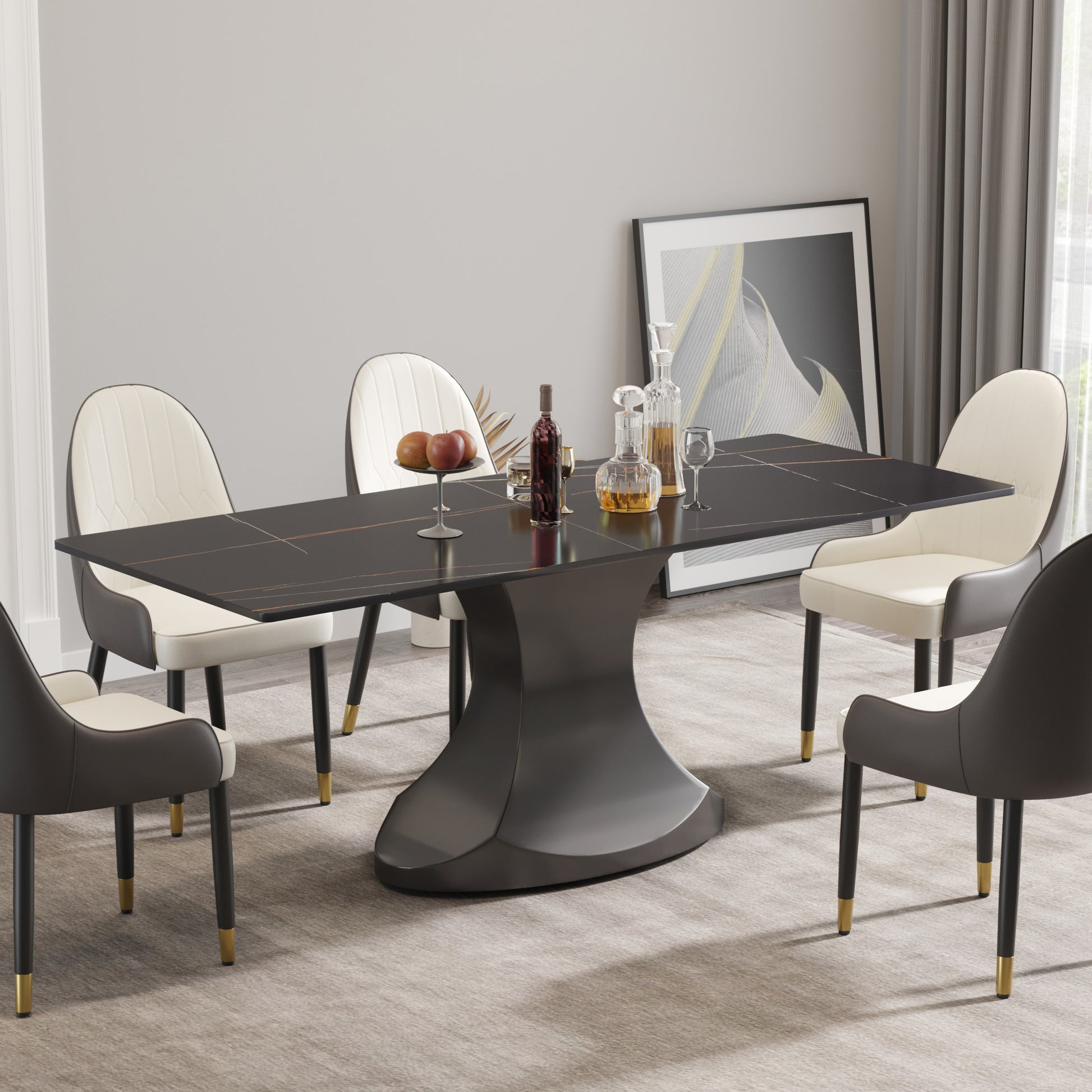 78.74 "Modern Artificial Stone Black Panel Gray Stainless Steel Curved Legs Can Accommodate 8 People Black Dining Room Metal Sintered Stone