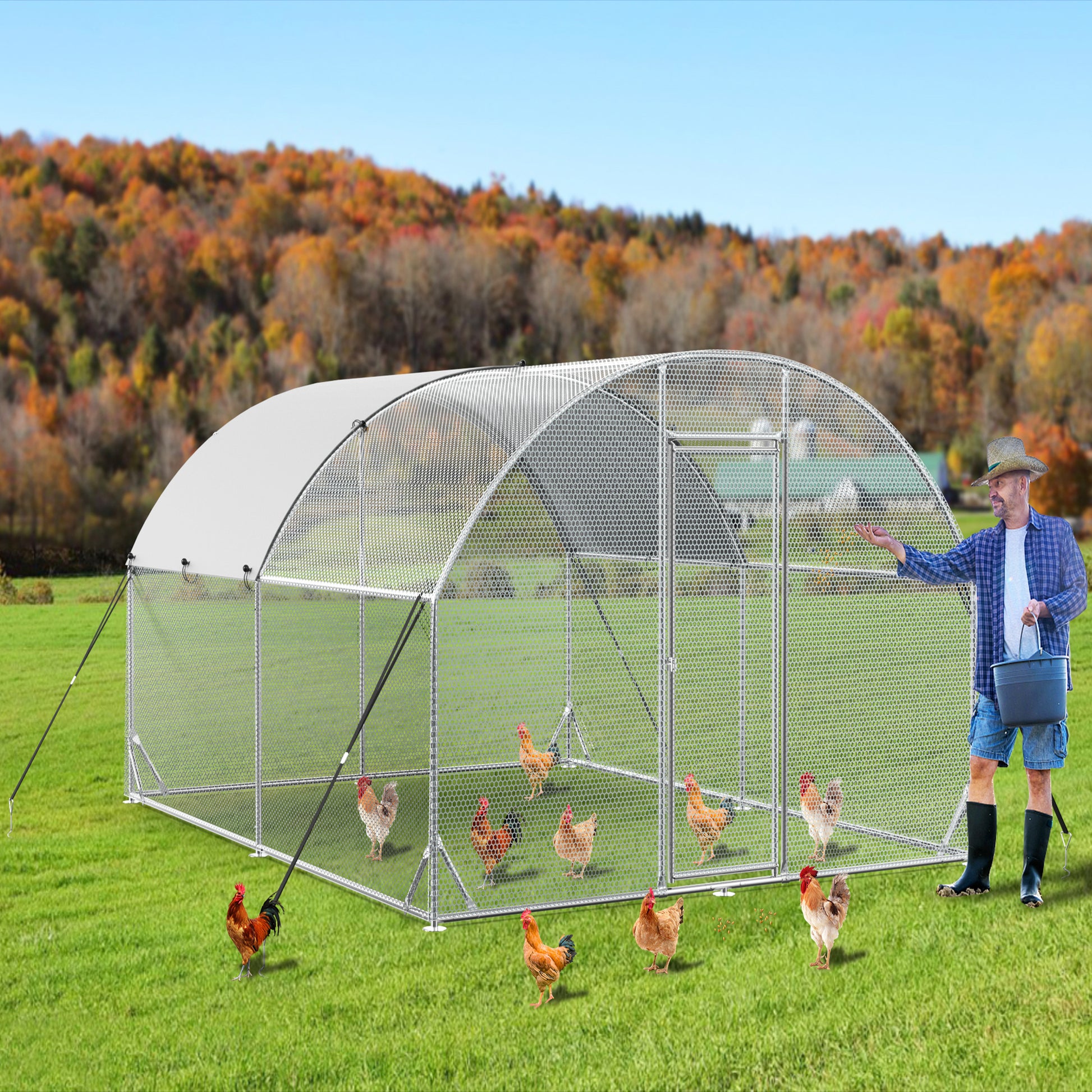 Large Metal Chicken Coop Upgrade Tri Supporting Wire Mesh Chicken Run,Chicken Pen With Water Resident & Anti Uv Cover,Duck Rabbit House Outdoor 10'W X 13'L X 6.5'H Silver Metal