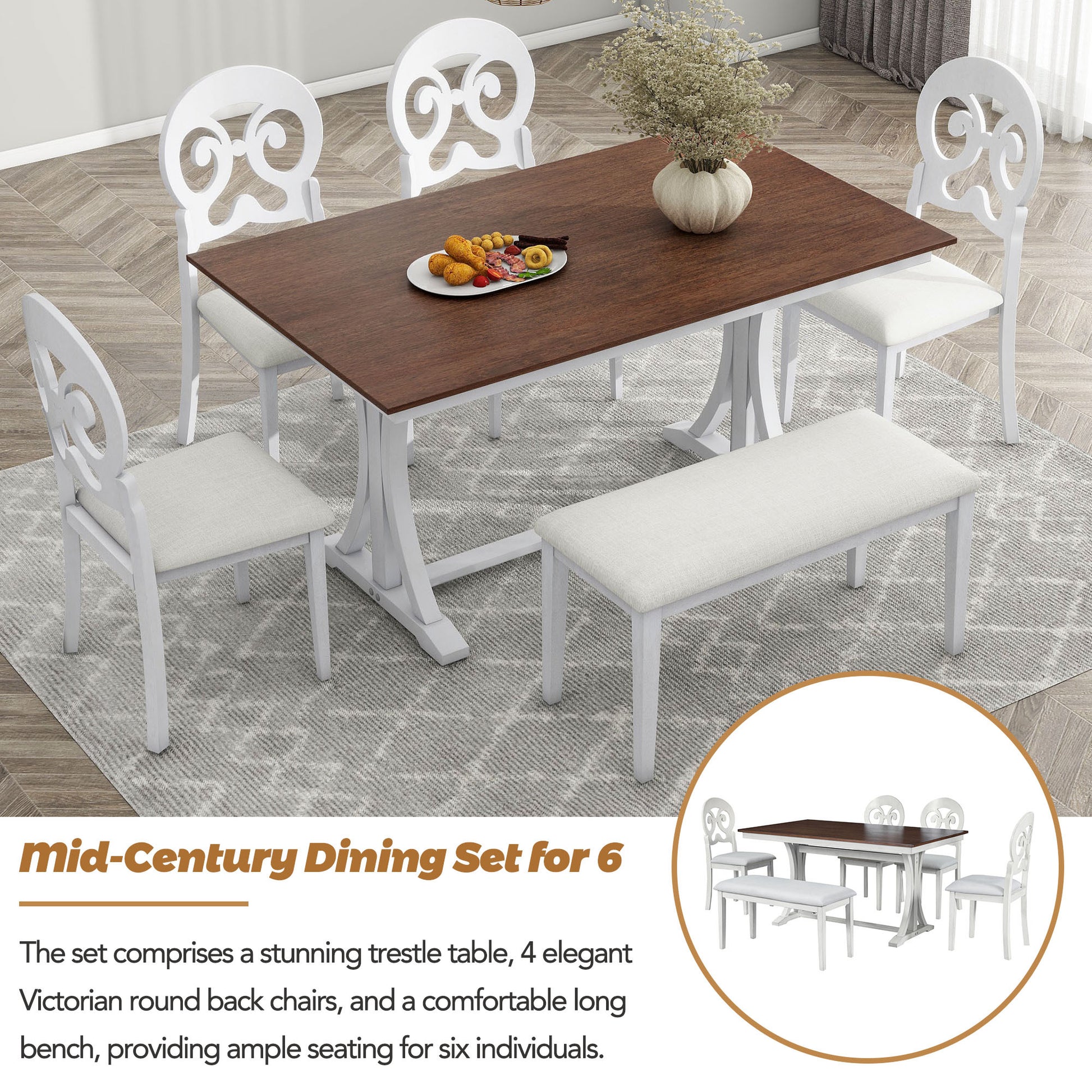 Mid Century 6 Piece Trestle Table Set With Victorian Round Upholstered Dining Chairs And Long Bench, Cherry Antique White Wood Dining Room Bench Seating Rubberwood Rectangular Dining Table With Chair And Bench Upholstered Chair Wood Antique White Seats 6