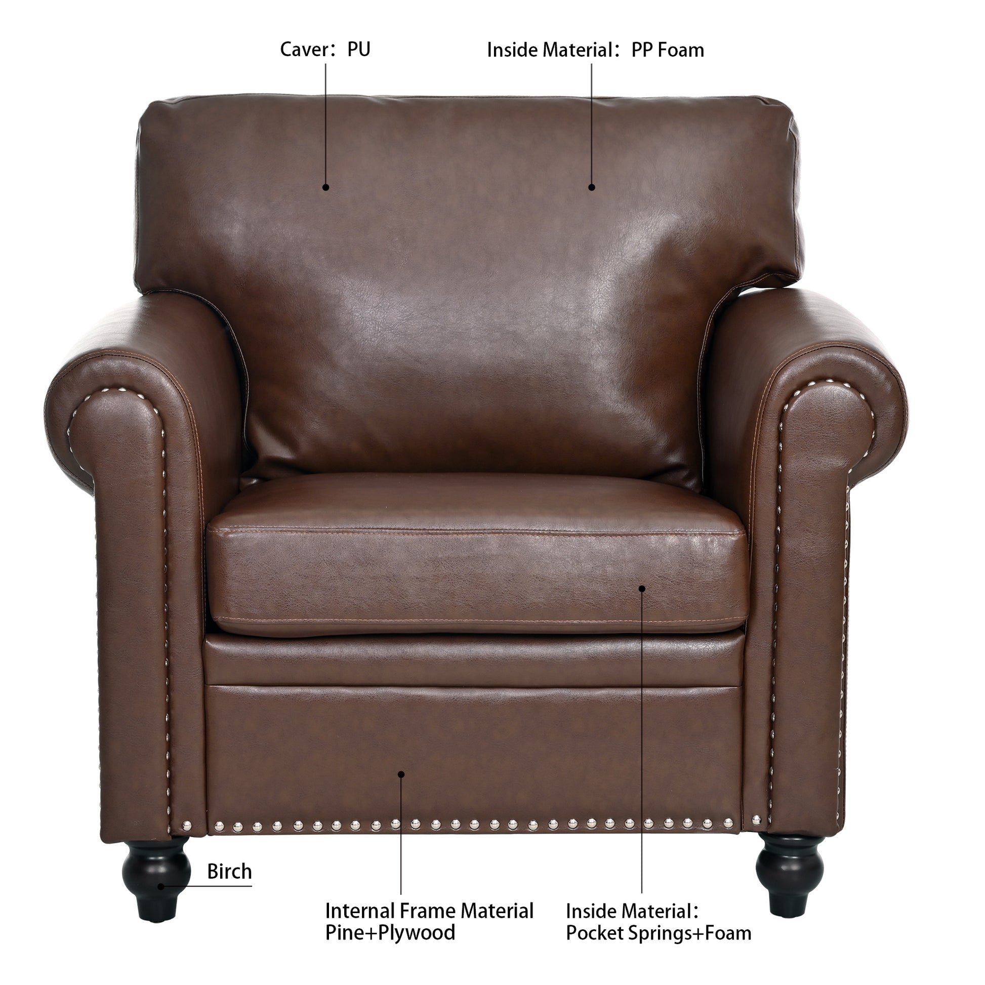 1 Seater Sofa. Brown Pu Foam Fabric