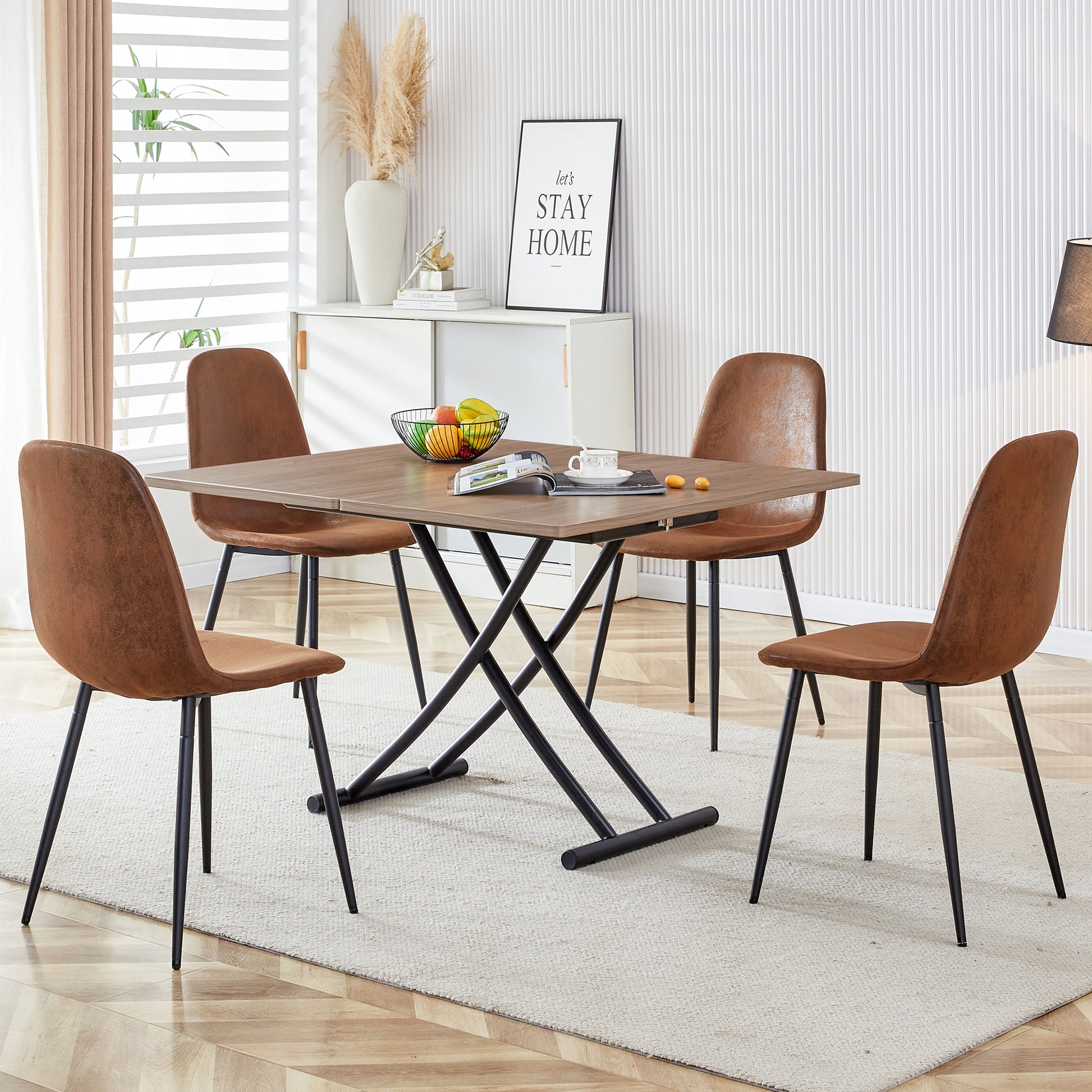 Modern Minimalist Multifunctional Lifting Table, 0.8 Inch Wood Grain Craft Sticker Desktop, Black Metal Legs. 4 Upholstered Dining Chairs With Black Metal Legs. Lt 10055 B0501 Natural Wood Wash Metal