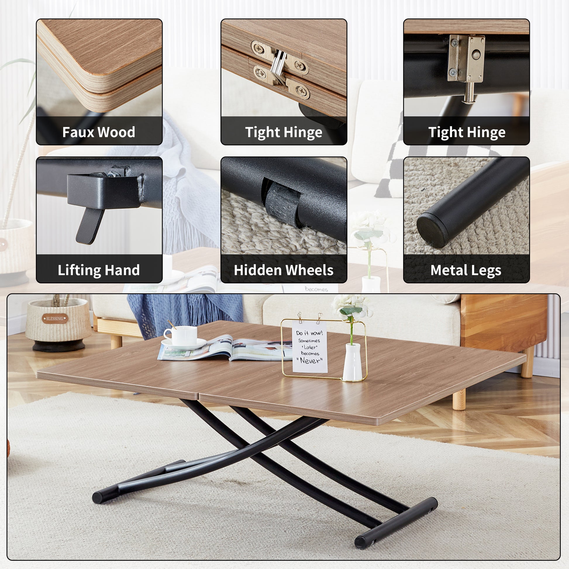 Modern Minimalist Multifunctional Lifting Table, 0.8 Inch Wood Grain Craft Sticker Desktop, Black Metal Legs. 4 Upholstered Dining Chairs With Black Metal Legs. Lt 10055 B0501 Natural Wood Wash Metal