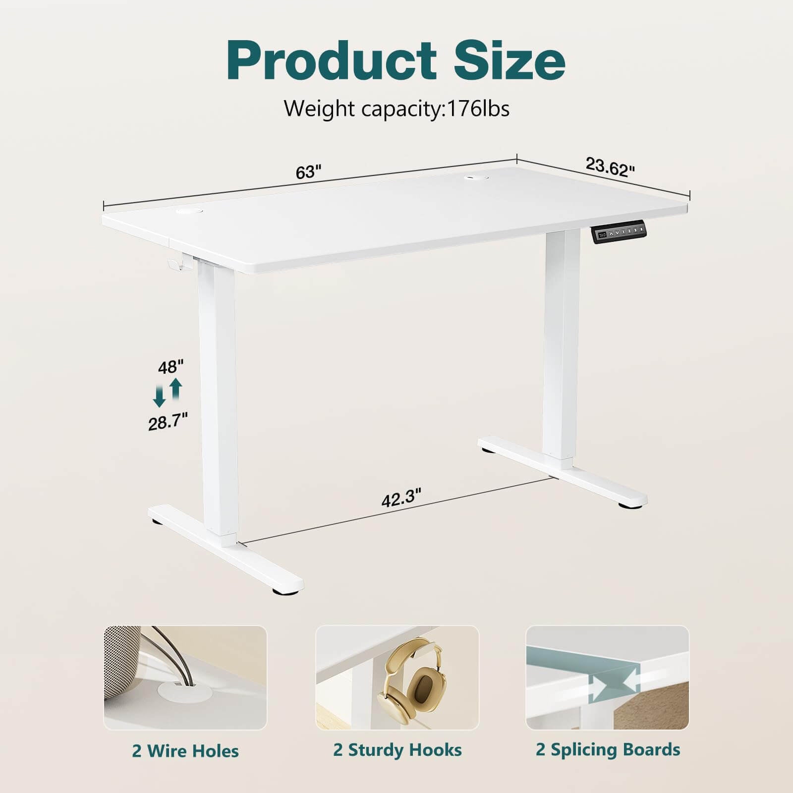 Electric Height Adjustable Standing Desk,Sit To Stand Ergonomic Computer Desk,White,63'' X 24" White Wood