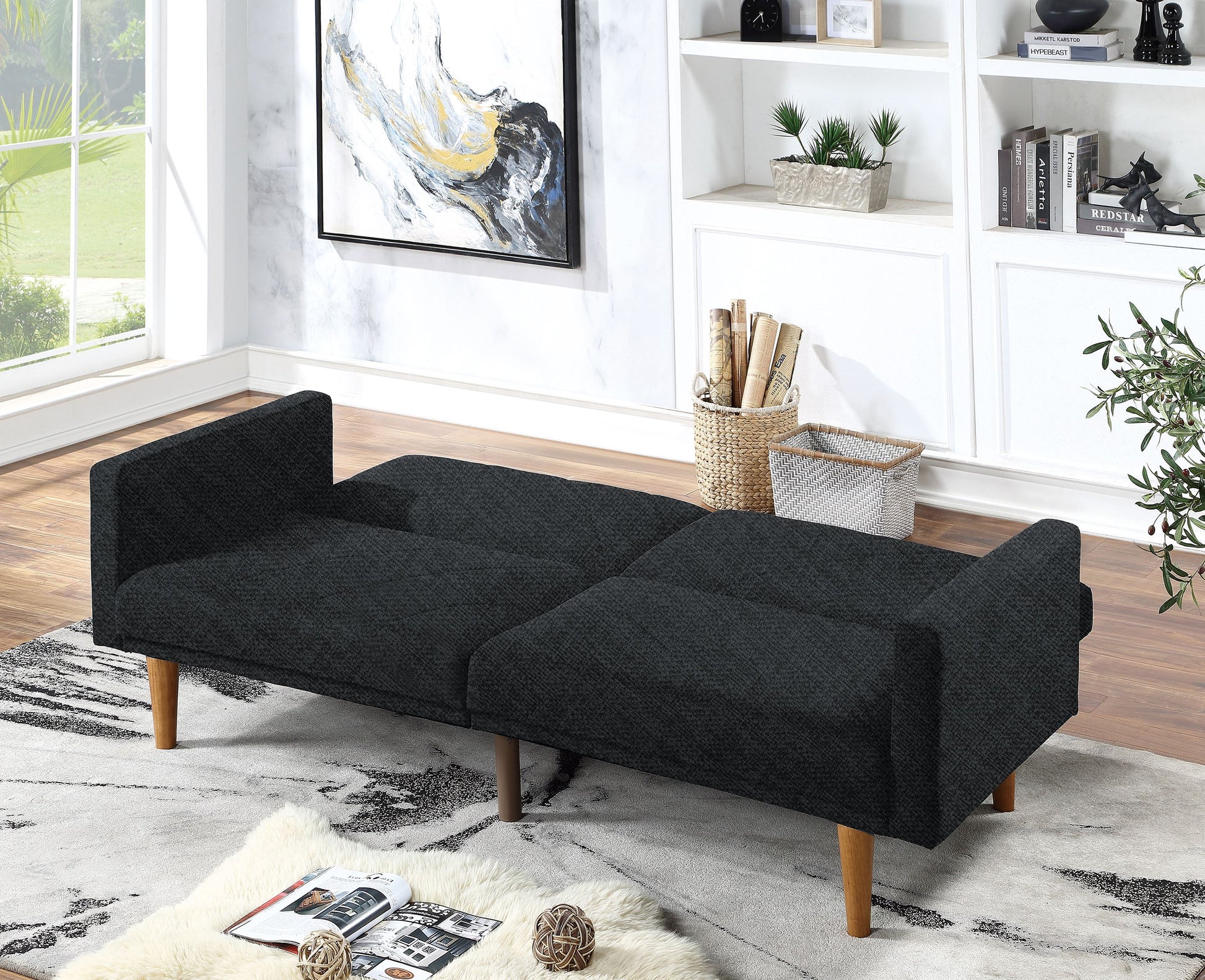 Adjustable Sofa In Black Faux Leather Black Fabric