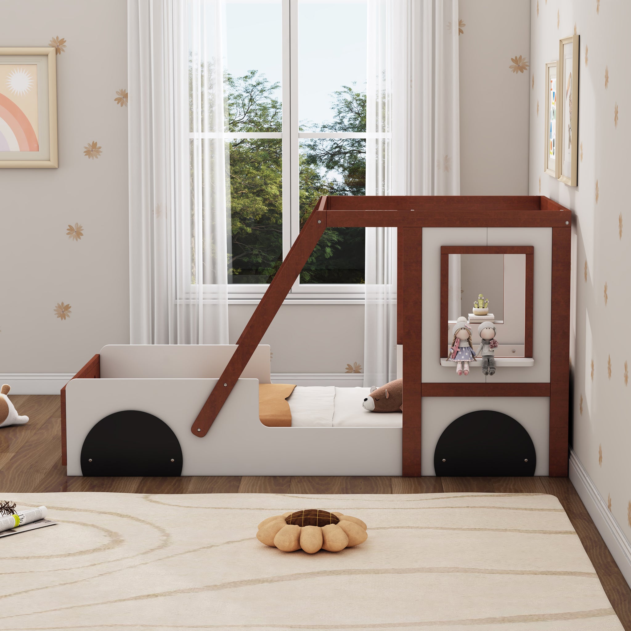 Fun Play Design Twin Size Car Bed, Kids Platform Bed orange-solid wood+mdf