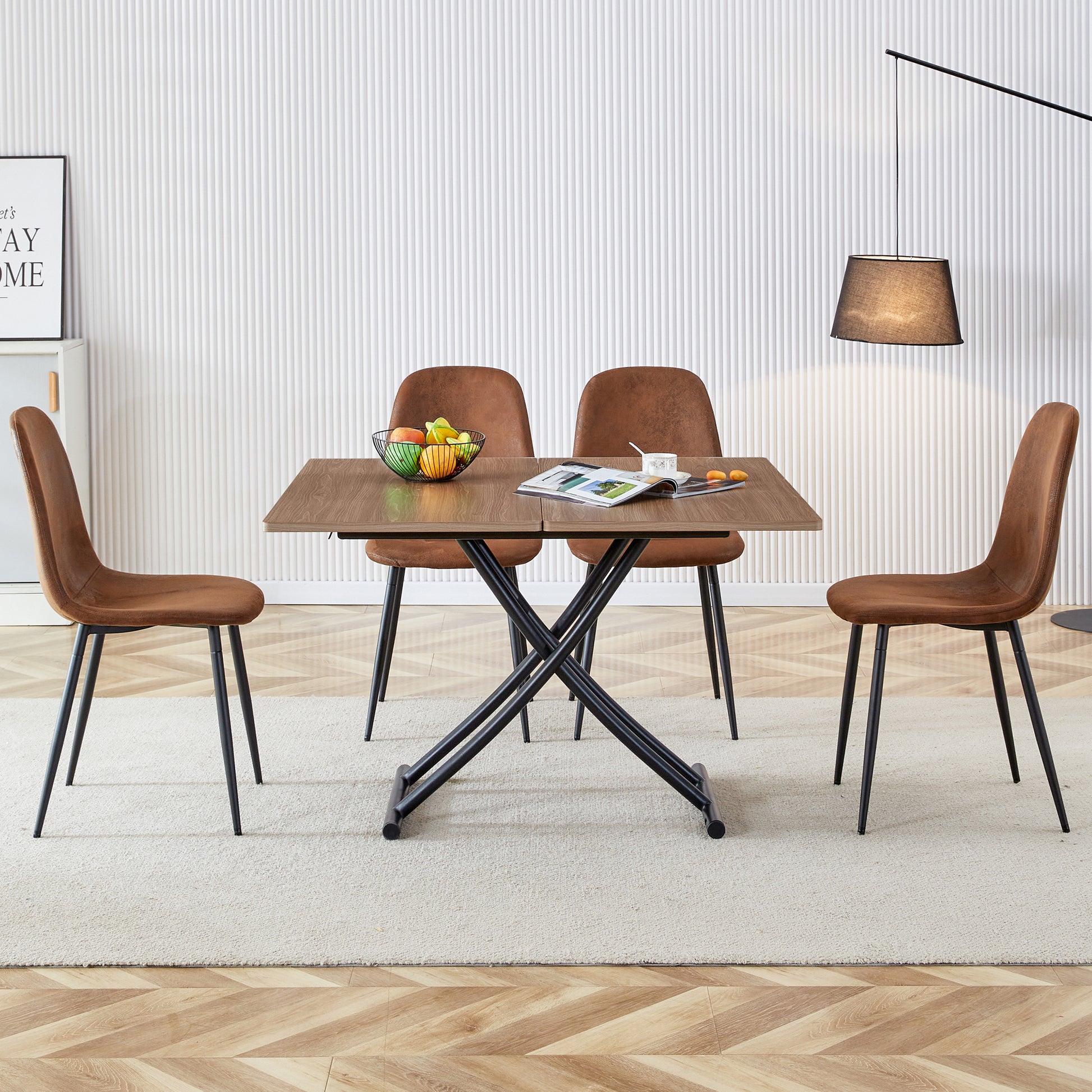 Modern Minimalist Multifunctional Lifting Table, 0.8 Inch Wood Grain Craft Sticker Desktop, Black Metal Legs. 4 Upholstered Dining Chairs With Black Metal Legs. Lt 10055 B0501 Natural Wood Wash Metal