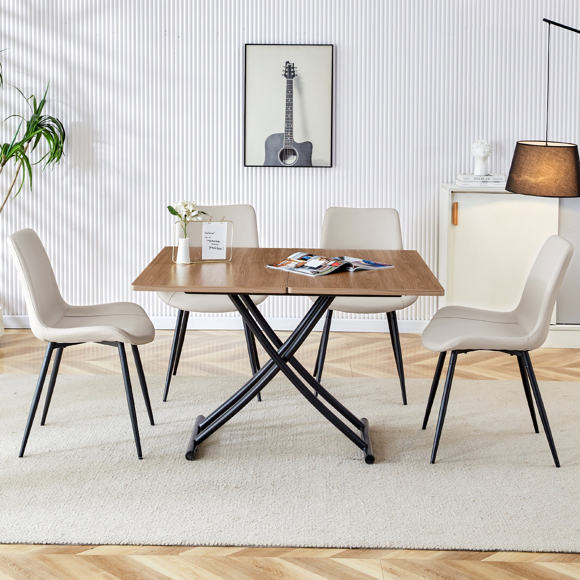 Modern Minimalist Multifunctional Lifting Table, 0.8 Inch Wood Grain Craft Sticker Desktop, Black Metal Legs. 4 Faux Leather Upholstered Dining Chairs With Black Metal Legs. Lt 10055 B0502 Natural Wood Wash Metal