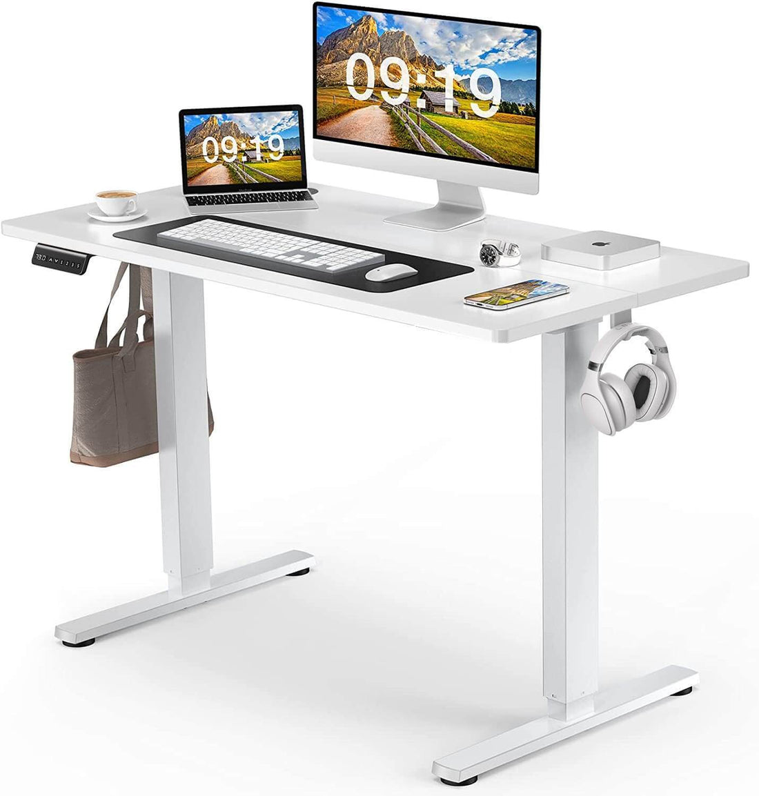 Electric Height Adjustable Standing Desk,Sit To Stand Ergonomic Computer Desk,White,48'' X 24" White Wood