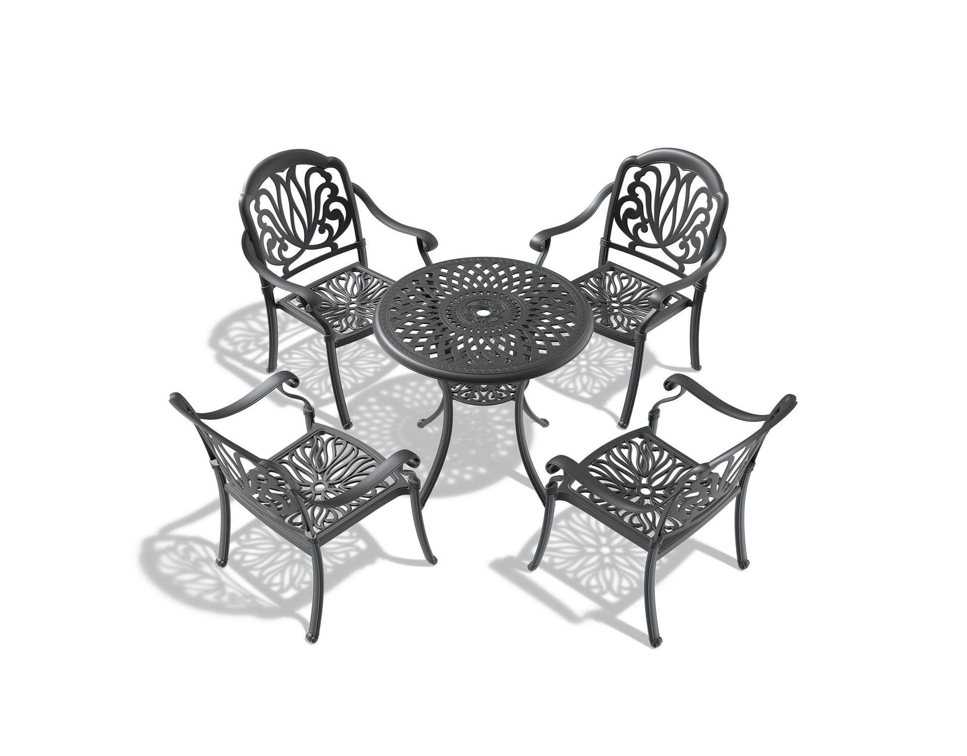 Cushions In Random Colors 5 Piece Set Of Cast Aluminum Patio Furniture With Cushions Yes Dining Set Black Seats 4 Rust Resistant Frame Water Resistant Cushion Garden & Outdoor Complete Patio Sets Aluminium