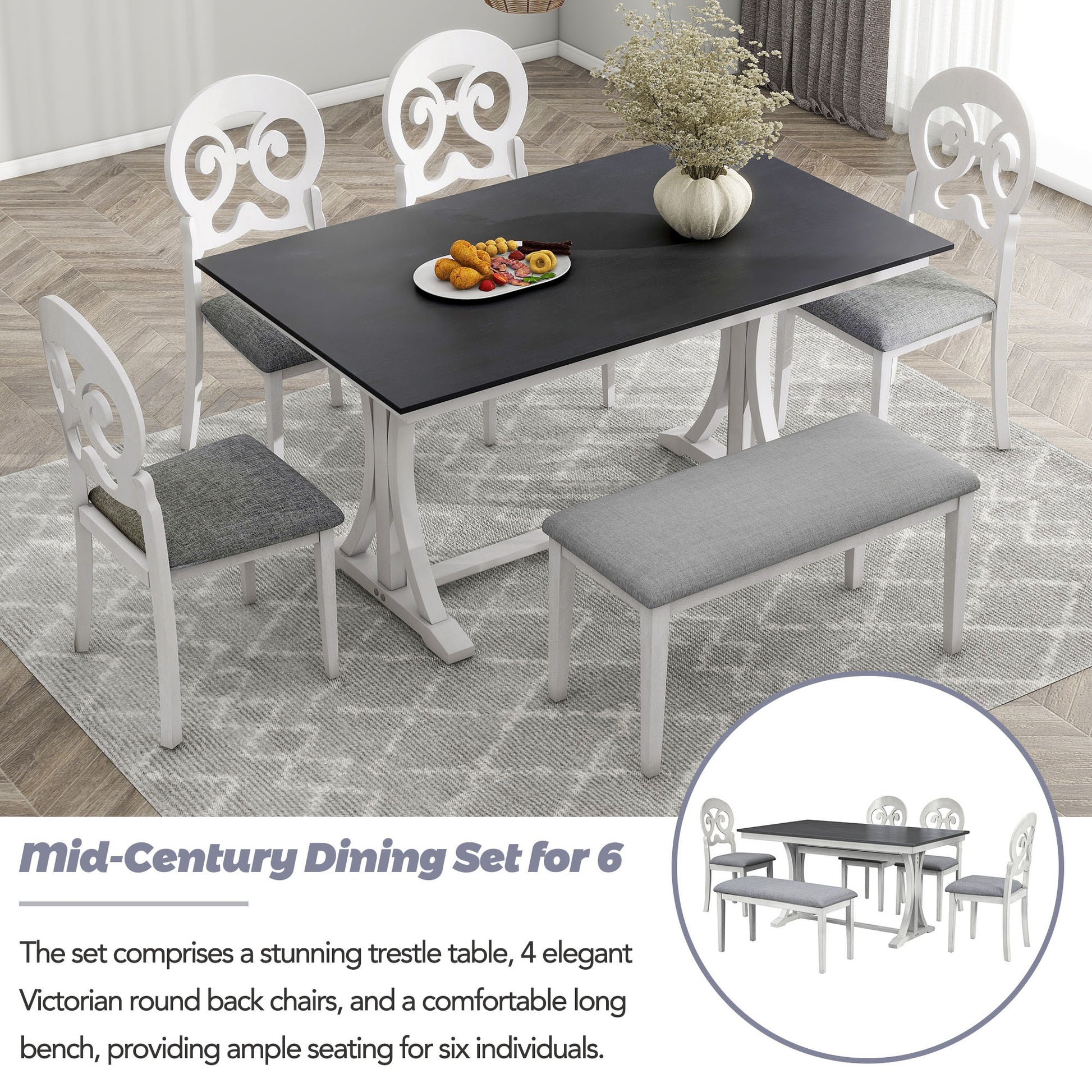 Mid Century 6 Piece Trestle Table Set With Victorian Round Upholstered Dining Chairs And Long Bench, Gray Antique White Wood Dining Room Bench Seating Rubberwood Rectangular Dining Table With Chair And Bench Upholstered Chair Wood Antique White Seats 6