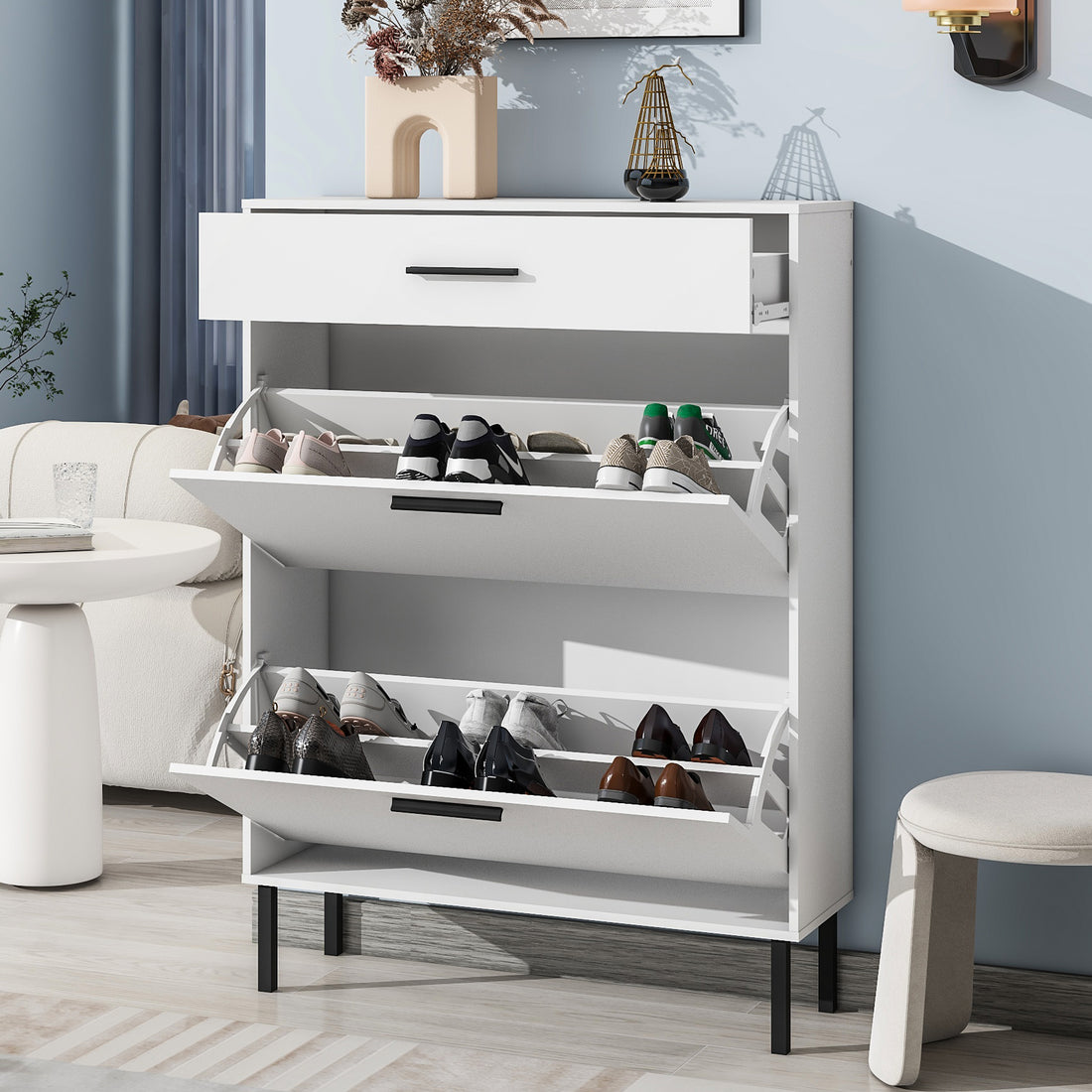 Shoe Cabinet, Freestanding Shoe Rack Storage Organizer With Drawers & Metal Legs, Modern Shoe Storage Cabinet With 2 Flip Drawers For Entryway 3 4 Spaces White Particle Board