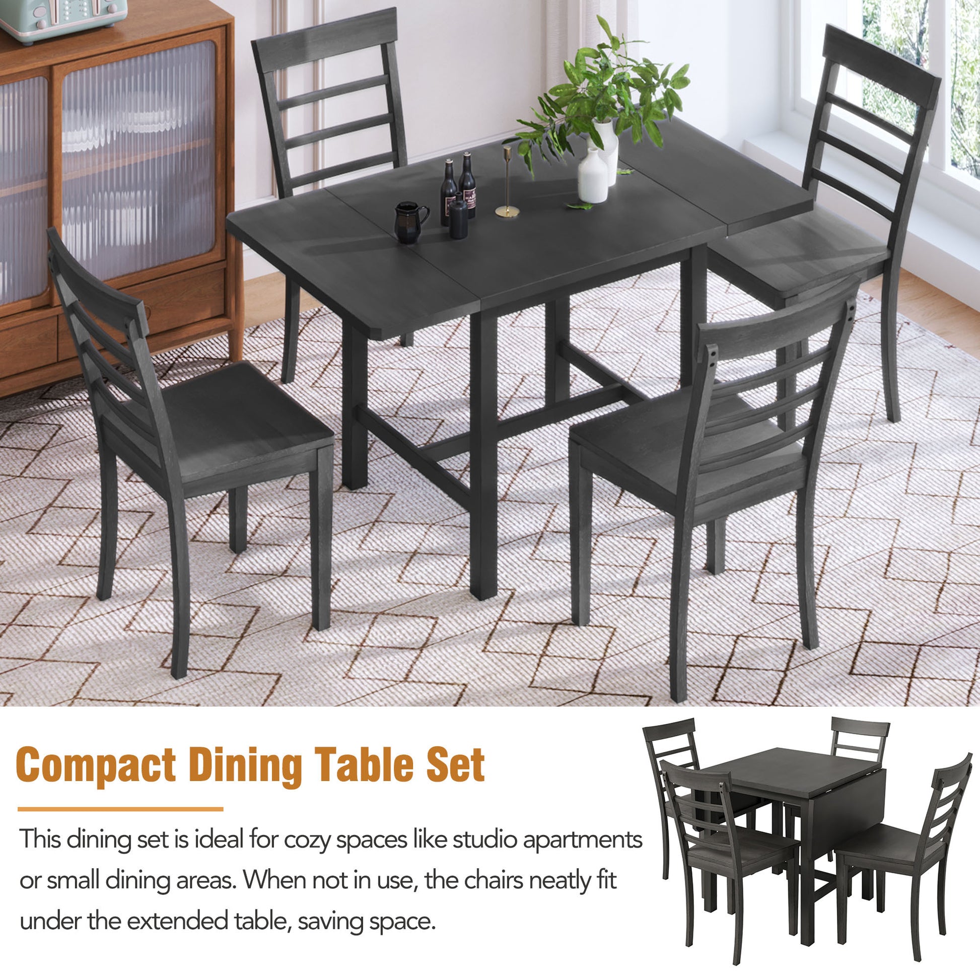 5 Piece Wood Square Drop Leaf Breakfast Nook Extendable Dining Table Set With 4 Ladder Back Chairs For Small Places, Gray Gray Wood Dining Room Folding Rubberwood Rectangular Dining Table With Chair Wood Gray Ladder Back Seats 4 Drop Leaf Modern 4 Leg