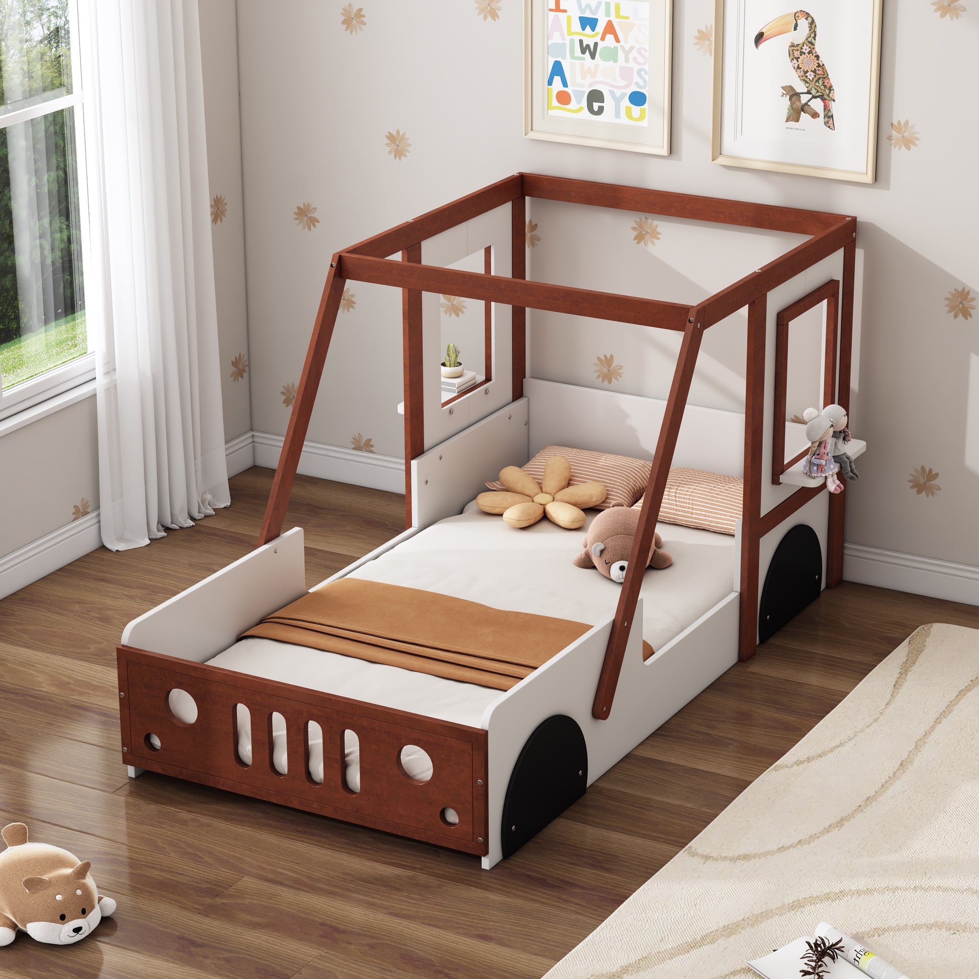 Fun Play Design Twin Size Car Bed, Kids Platform Bed In Car Shaped For Kids Boys Girls Teens,White Orange Twin Orange Solid Wood Mdf