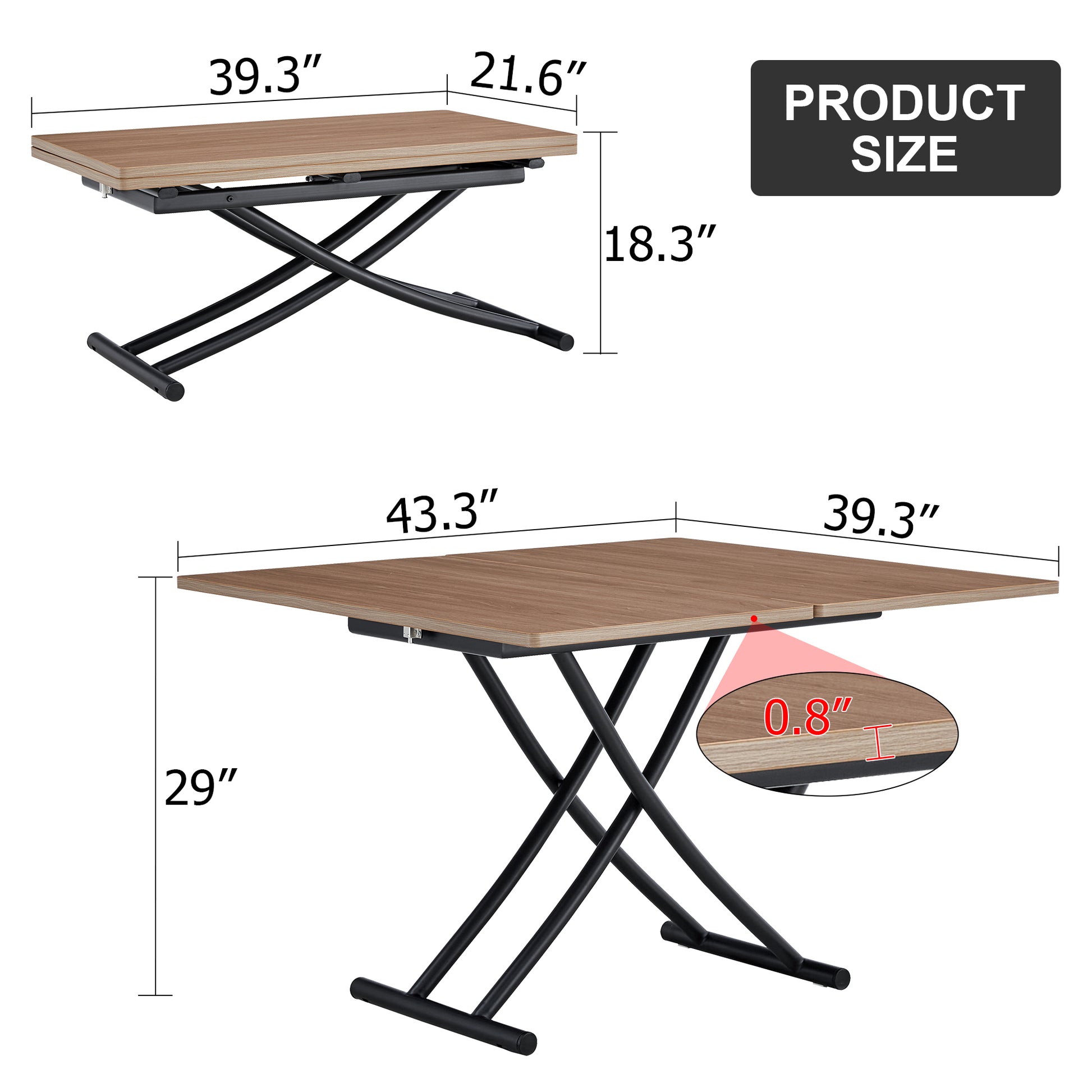 Modern Minimalist Multifunctional Lifting Table, With A 0.8 Inch Wood Grain Process Sticker Desktop And Black Metal Legs, Can Be Used As A Dressing Table, Coffee Table, Dining Table, And Office Table Natural Wood Wash Metal