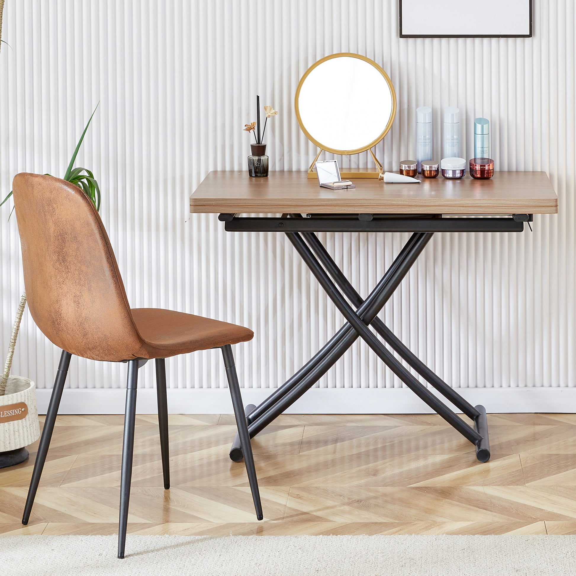 Modern Minimalist Multifunctional Lifting Table, With A 0.8 Inch Wood Grain Process Sticker Desktop And Black Metal Legs, Can Be Used As A Dressing Table, Coffee Table, Dining Table, And Office Table Natural Wood Wash Metal