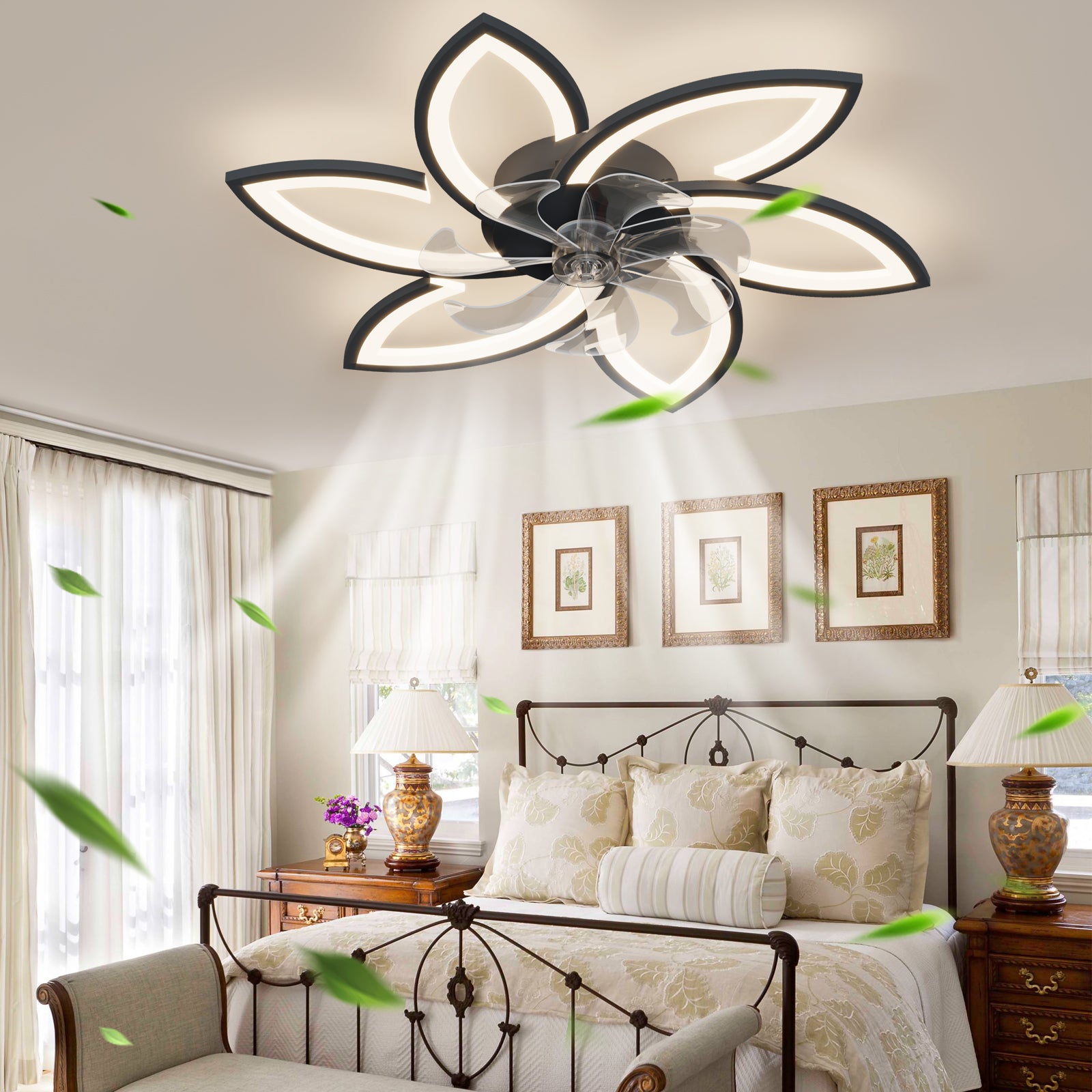 30.7In Ceiling Fan With Lights, Remote Control 3 Color Temperatures,6 Gear Wind Speed Fan Light Black Modern Acrylic