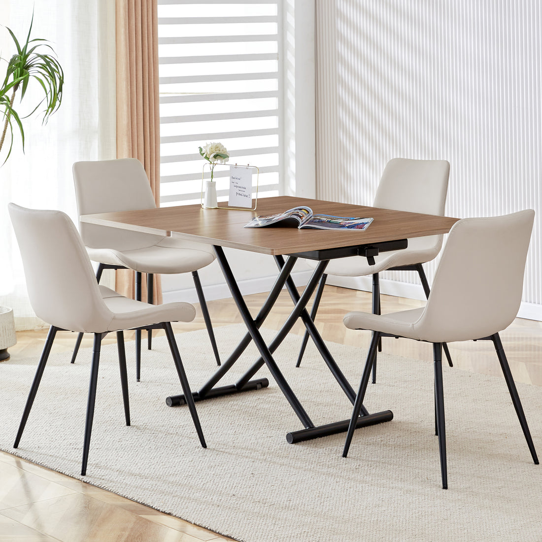 Modern Minimalist Multifunctional Lifting Table, 0.8 Inch Wood Grain Craft Sticker Desktop, Black Metal Legs. 4 Faux Leather Upholstered Dining Chairs With Black Metal Legs. Lt 10055 B0502 Natural Wood Wash Metal