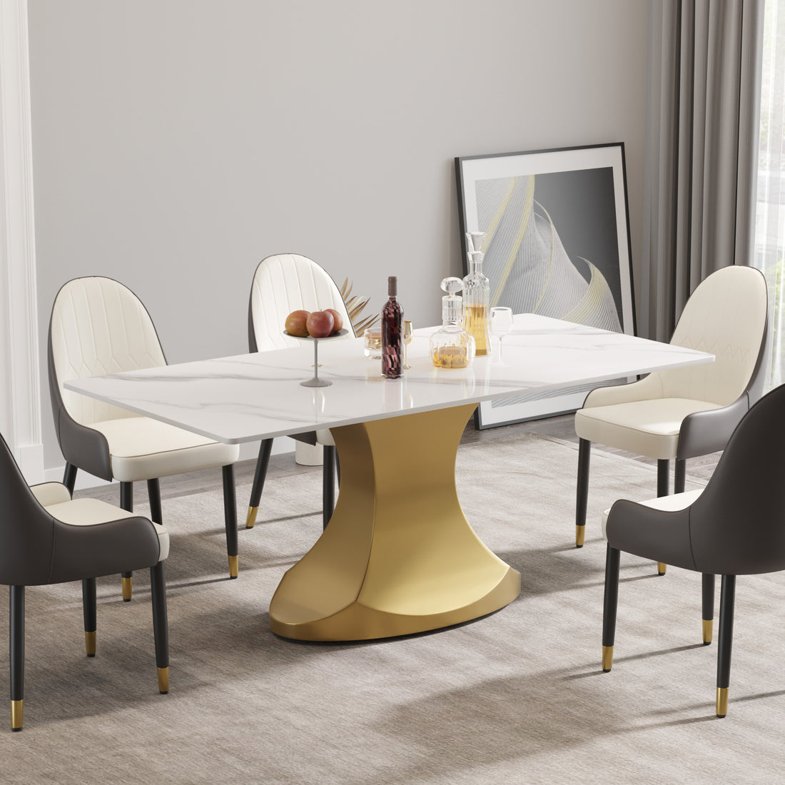 70.84 "Modern Artificial Stone White Panel Golden Stainless Steel Curved Legs Can Accommodate 6 8 People White Gold Dining Room Metal Sintered Stone