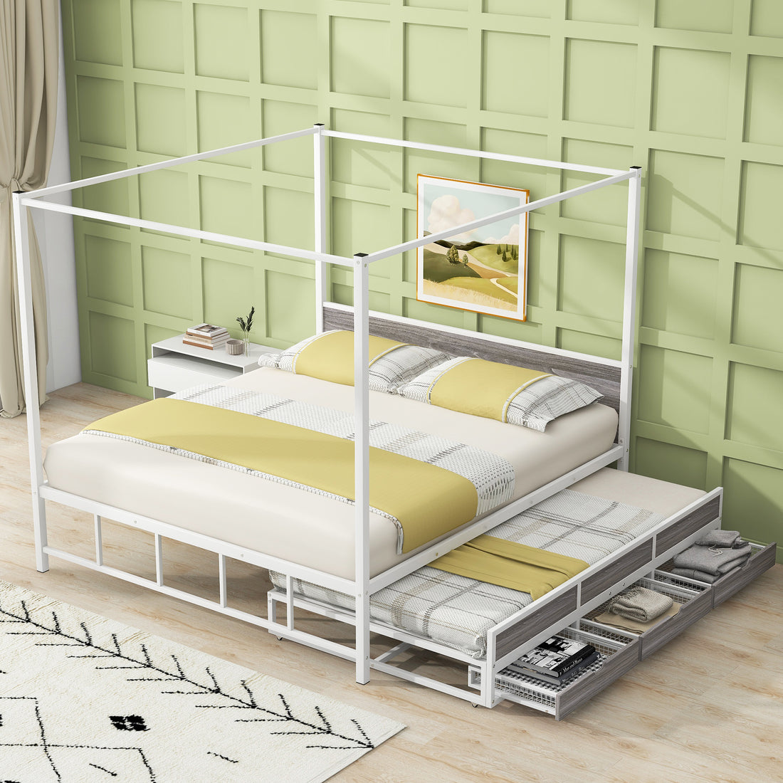 Queen Size Metal Canopy Platform Bed With Twin Size Trundle And 3 Storage Drawers, White Box Spring Not Required Queen White Metal Bedroom Canopy Mdf Metal