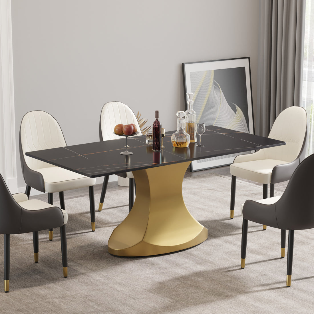 70.84 "Modern Artificial Stone Black Panel Golden Stainless Steel Curved Legs Can Accommodate 6 8 People Black Gold Dining Room Metal Sintered Stone