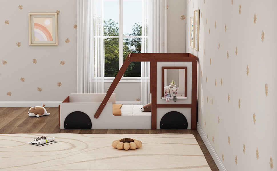 Fun Play Design Twin Size Car Bed, Kids Platform Bed In Car Shaped For Kids Boys Girls Teens,White Orange Twin Orange Solid Wood Mdf