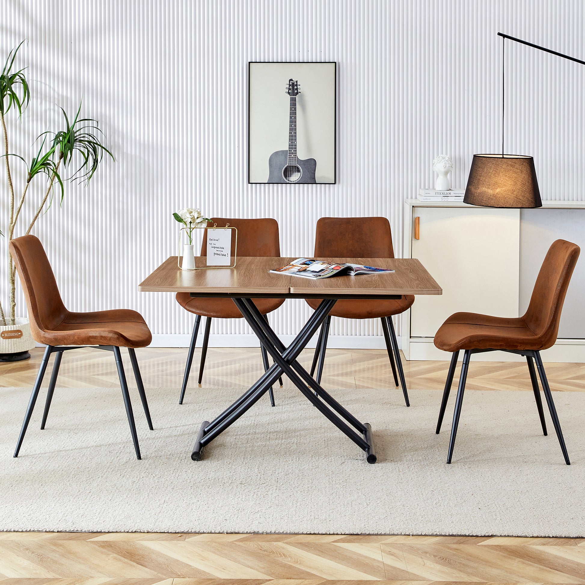 Modern Minimalist Multifunctional Lifting Table, 0.8 Inch Wood Grain Craft Sticker Desktop, Black Metal Legs. 4 Upholstered Dining Chairs With Black Metal Legs. Lt 10055 B0502 Natural Wood Wash Metal