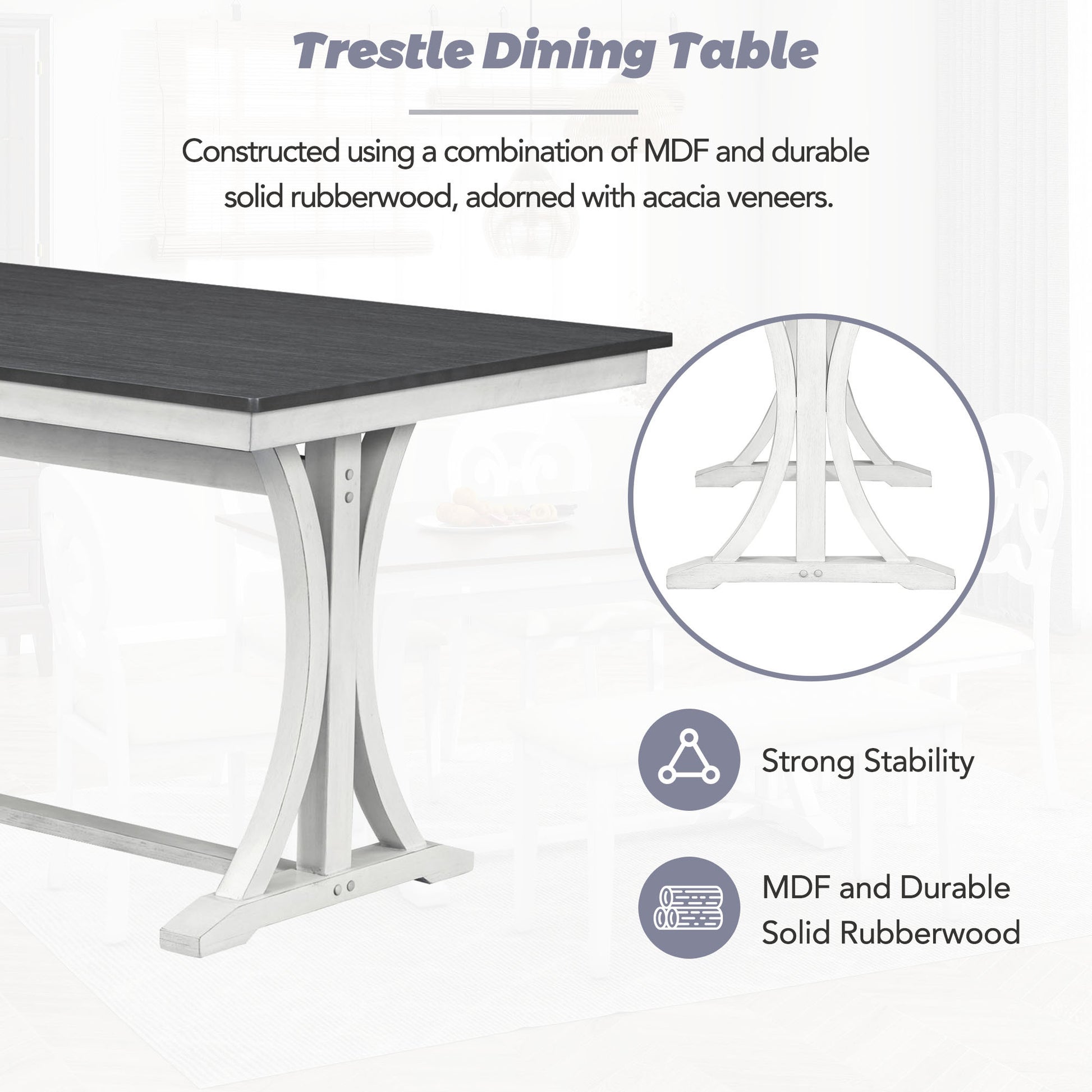 Mid Century 6 Piece Trestle Table Set With Victorian Round Upholstered Dining Chairs And Long Bench, Gray Antique White Wood Dining Room Bench Seating Rubberwood Rectangular Dining Table With Chair And Bench Upholstered Chair Wood Antique White Seats 6