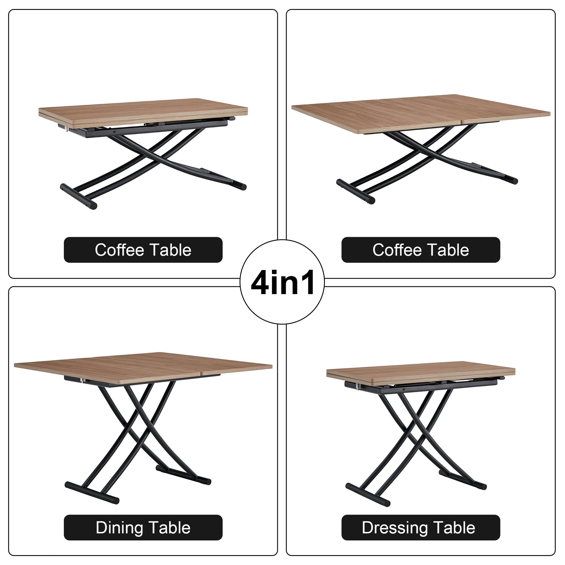 Modern Minimalist Multifunctional Lifting Table, 0.8 Inch Wood Grain Craft Sticker Desktop, Black Metal Legs. 4 Upholstered Dining Chairs With Black Metal Legs. Lt 10055 B0502 Natural Wood Wash Metal