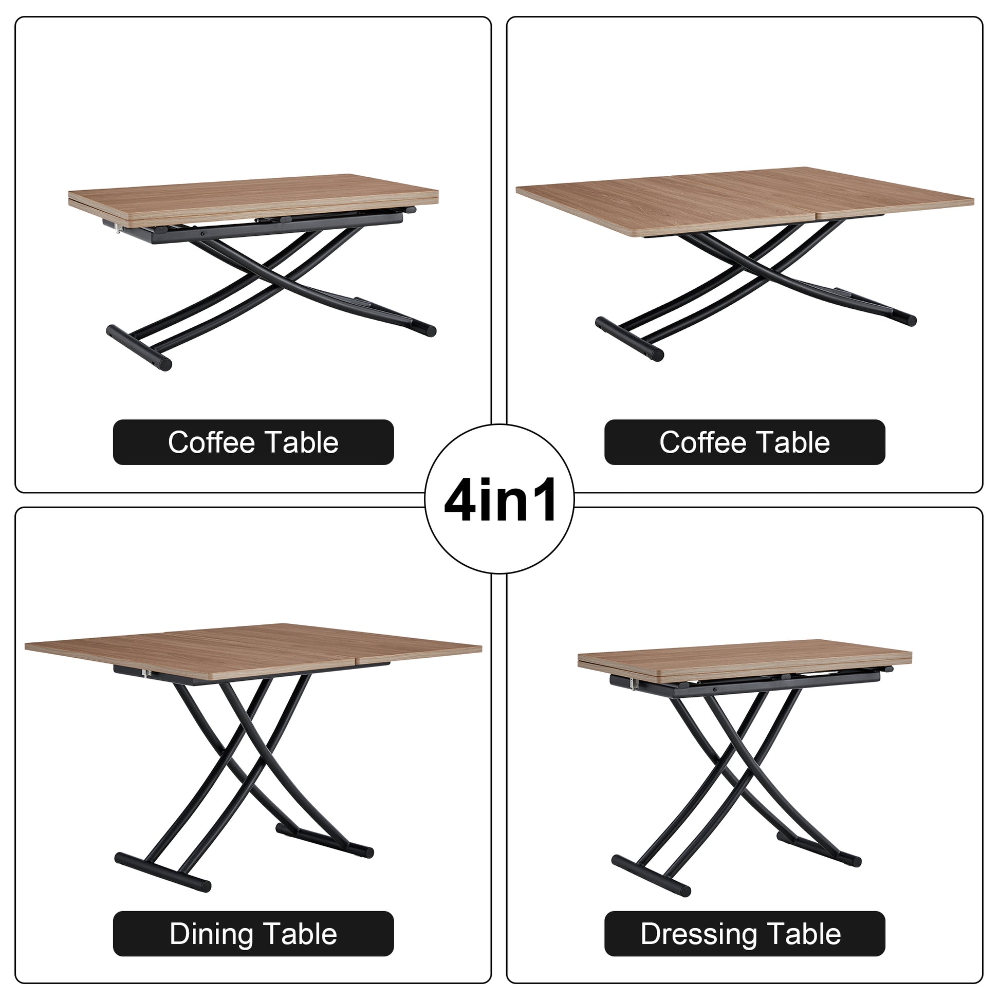 Modern Minimalist Multifunctional Lifting Table, 0.8 Inch Wood Grain Craft Sticker Desktop, Black Metal Legs. Paired With 4 Faux Leather Upholstered Dining Chairs With Black Metal Legs Lt 10055 C 001 Natural Wood Wash Metal